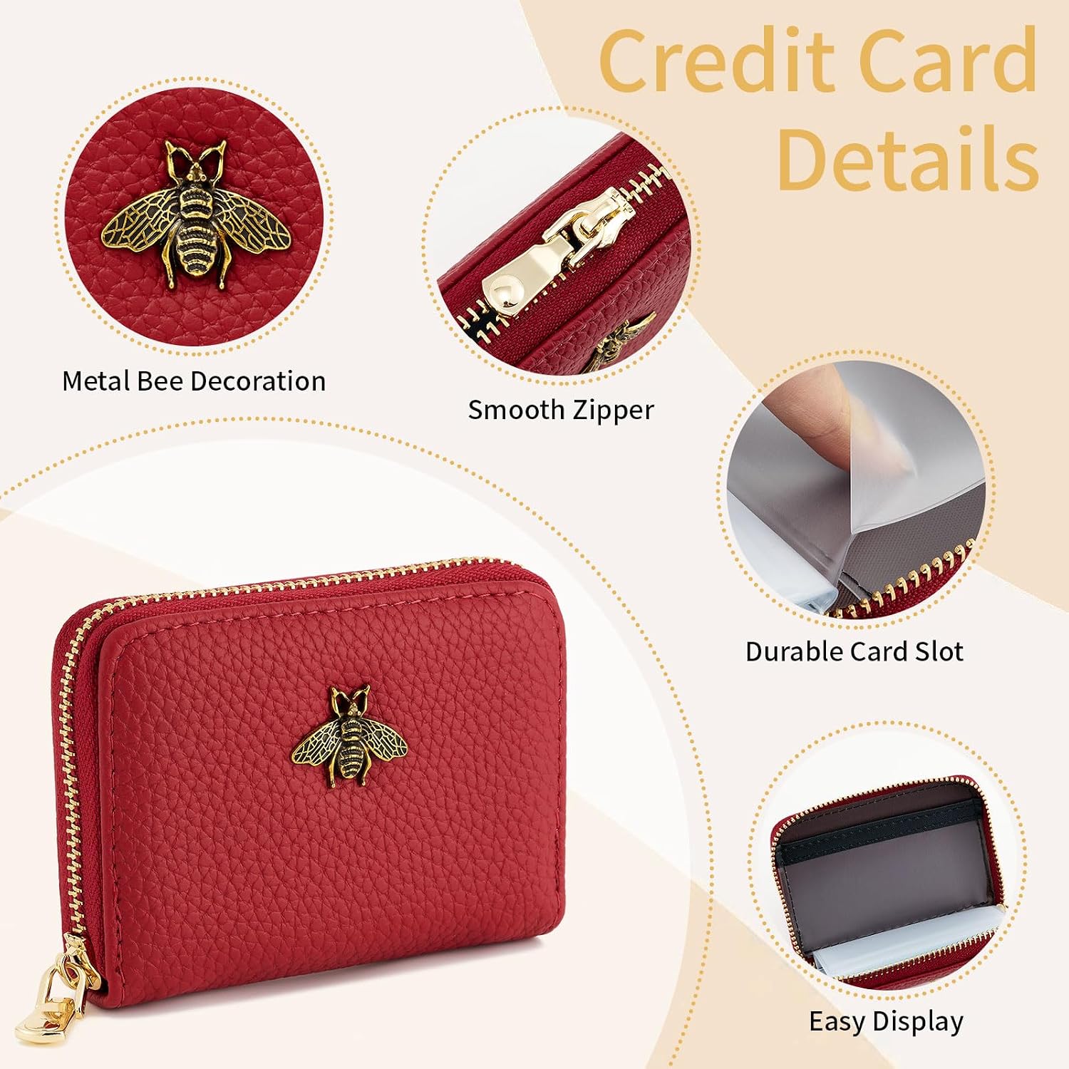 WOZEAH Leather Credit Card Holder for Women Wallet RFID Blocking Zipper Wallet Card Case Business（Red）