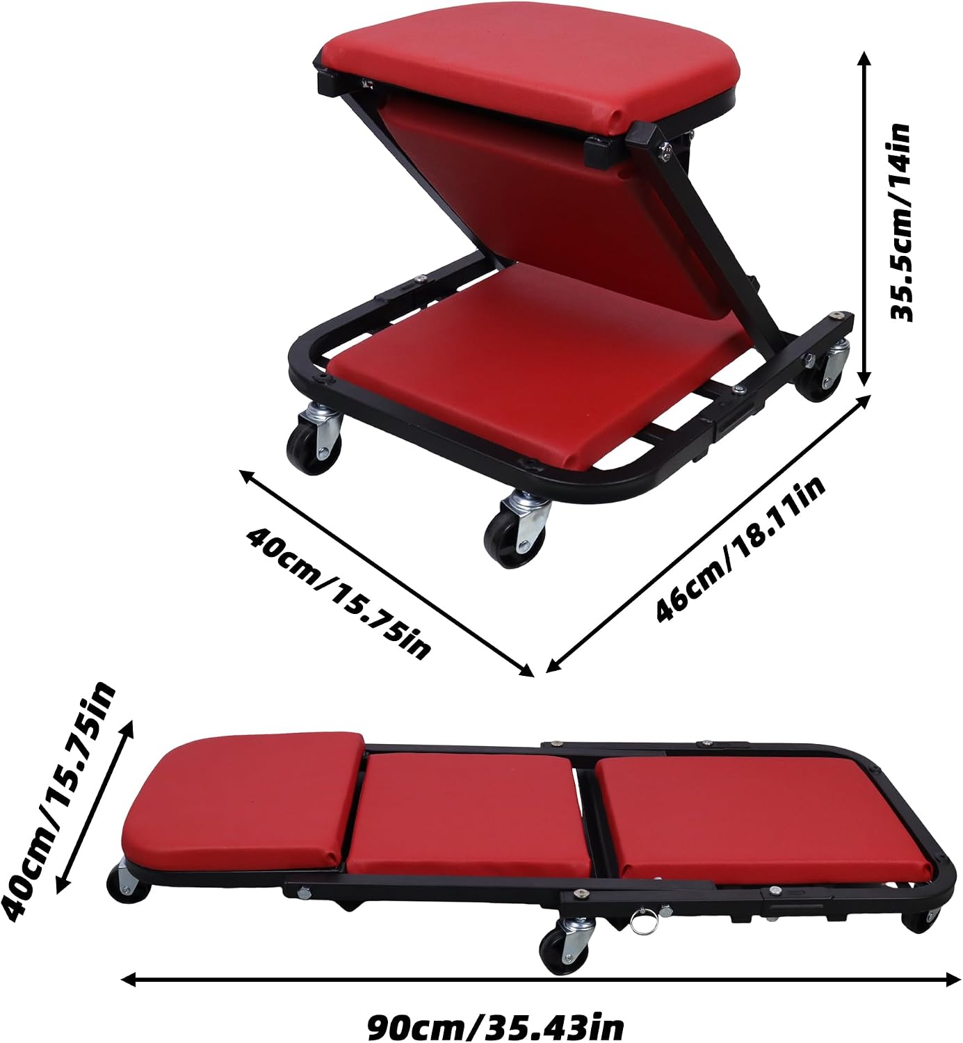 2-in-1 Mechanic Creeper and Stool, 300 lbs Capacity, Heavy-Duty Steel Frame, 360° Swivel Casters, Padded Cushions (Red, 36 Inch)