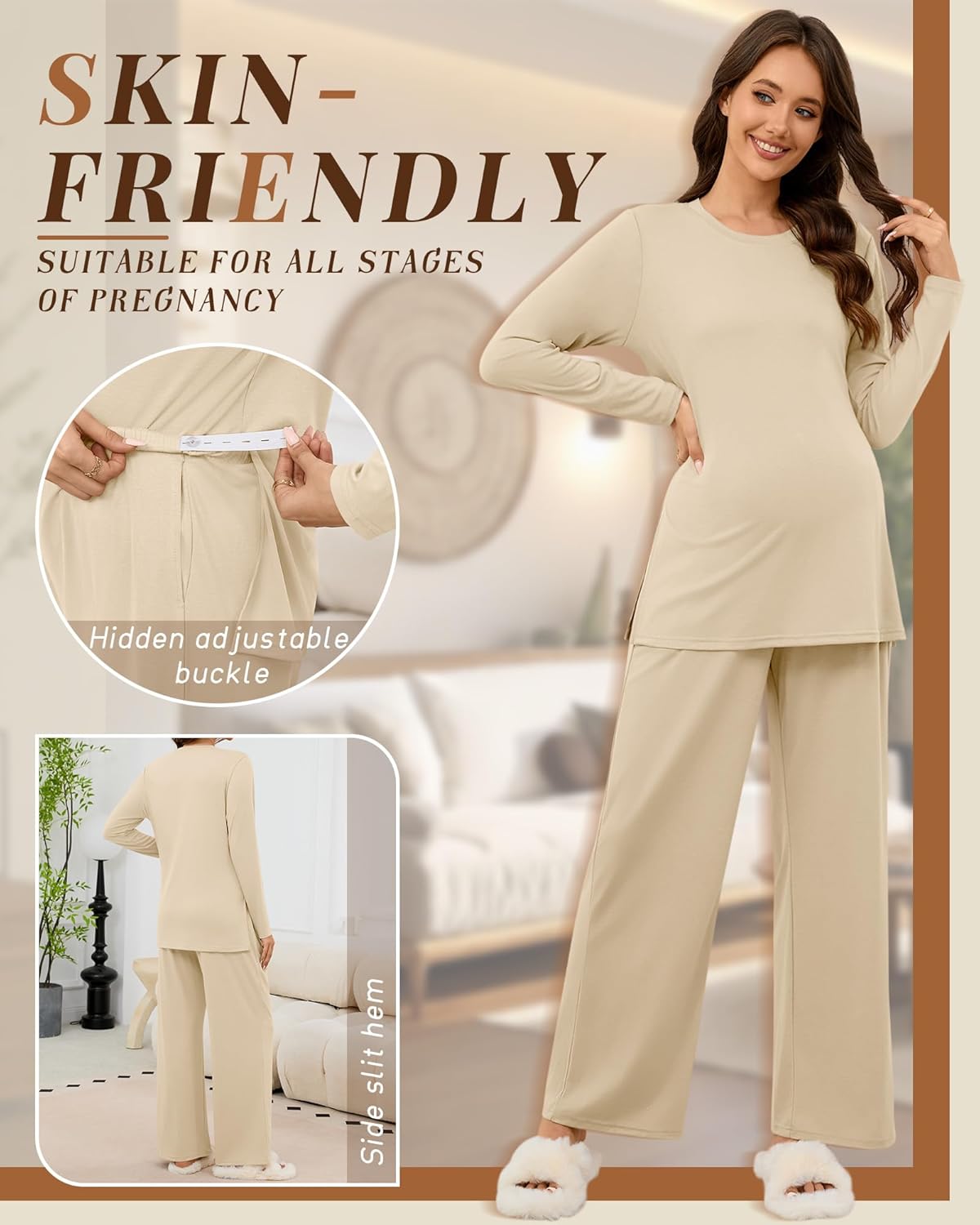 Women's Maternity Lounge Sets 2 Piece Knit Pajamas Long Sleeve Side Slits Top Adjustable Pant Pregnancy Outfit - Image 4