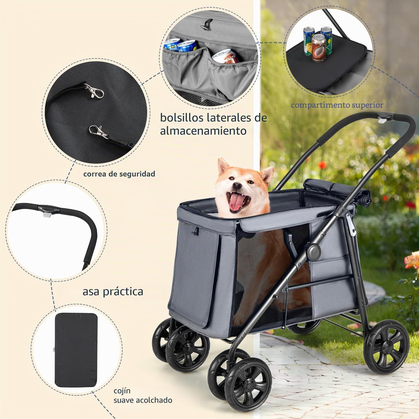 GOPLUS Cochecito para Mascotas para Perros y Gatos de Hasta 40KG, Cochecito Plegable con Cojín Suave, Ventana de Malla y 2 Entradas, Transportador para Perros con Ruedas Universales y Asa, Gris
