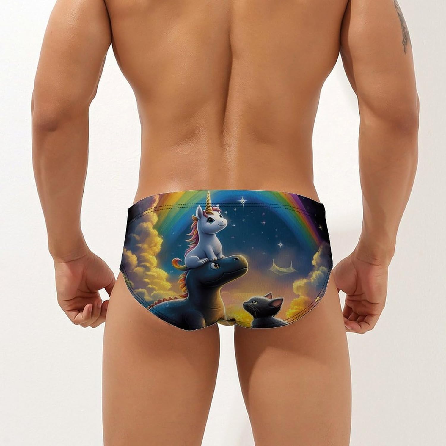 Cat Un-icorns Riding Dinosaur Men's Swimsuit Brief Sexy Bikini Briefs Retro Printed Swimwear Quick Dry Swimming Trunks X-Large