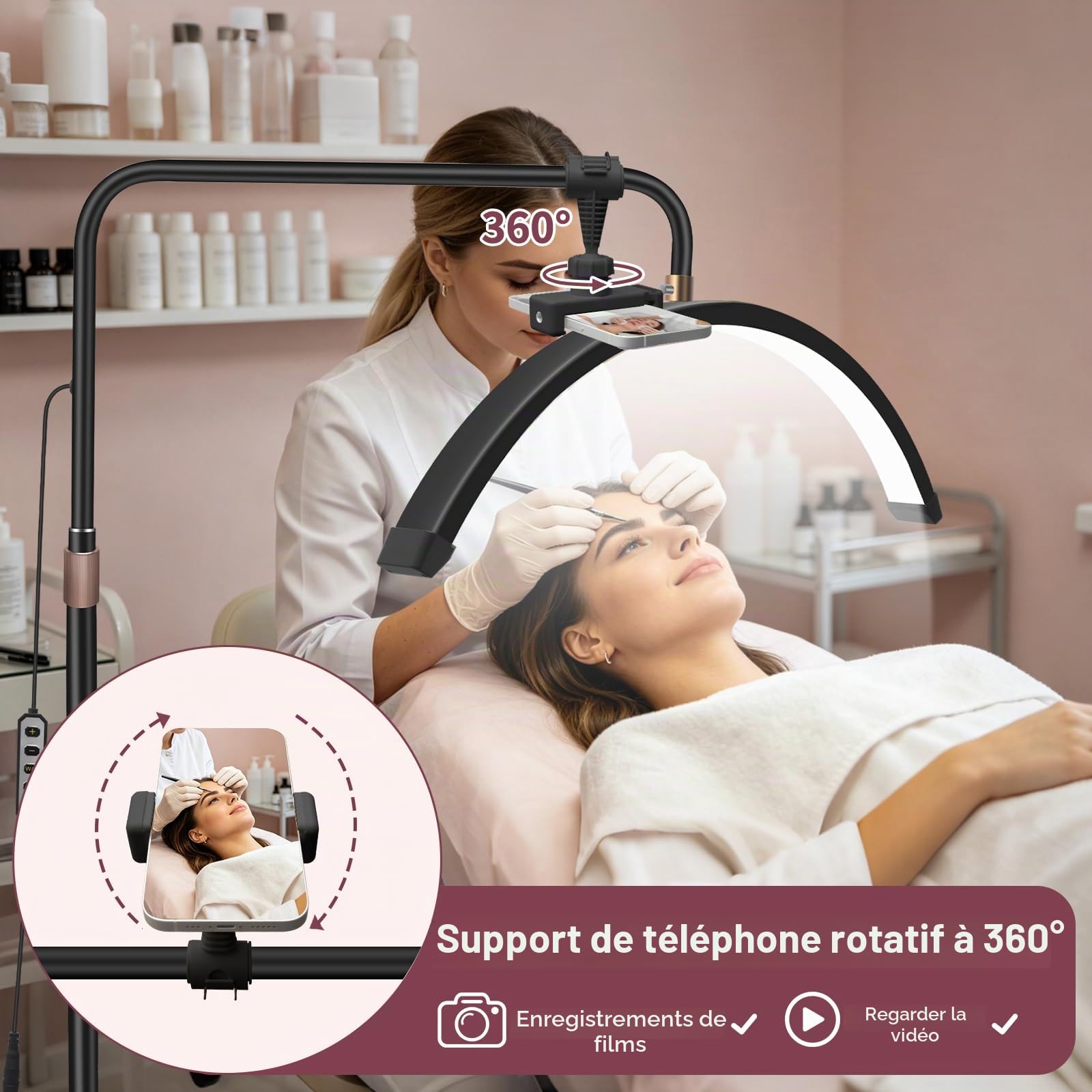 Diesisa Lampe Demi Lune Extension De Cils: Luminosité réglable Lampe Demi Lune - Avec support pour téléphone - TêTe De Lampe Rotative à 360° - Utilisé Pour Les Extensions De Cils, Les Tatouages -Noir