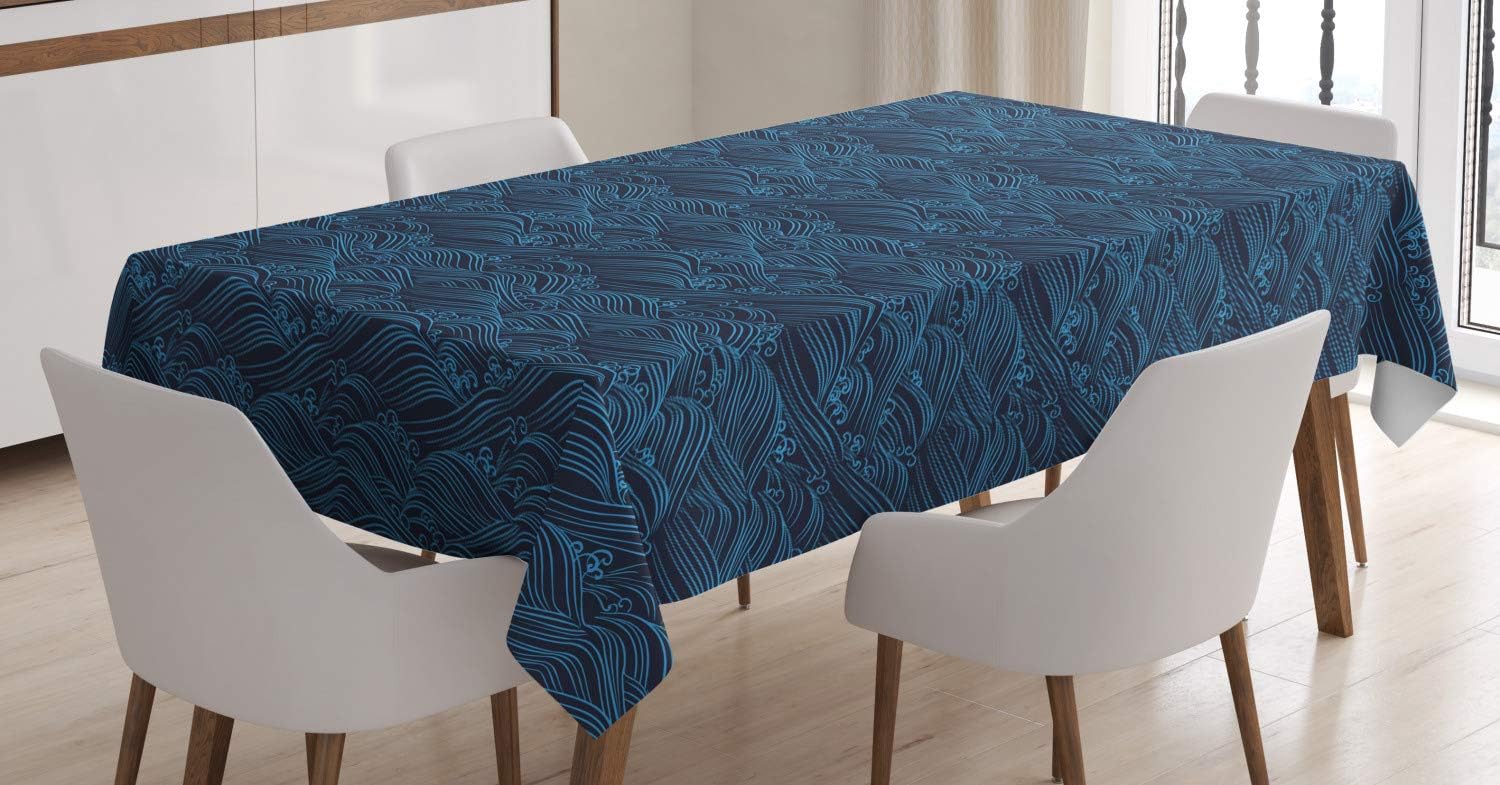 AmbesonneAmbesonne Ocean Tablecloth, Night at The Sea Thunderstorm Waves Japanese Marine Artist Kimono Design, Rectangular Table Cover for Dining Room Kitchen Decor, 60" X 84", Navy Blue