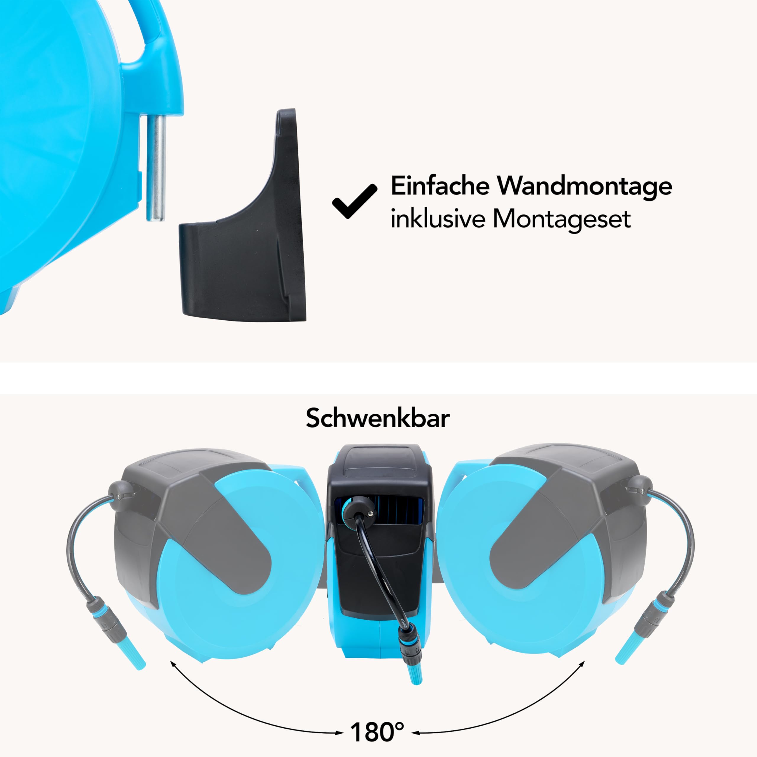 Brixy Schlauchbox – 25 Meter – Schlauchhalter – Gartenschlauch mit Aufroller – 180° drehbar – automatisch – Schlauchaufroller