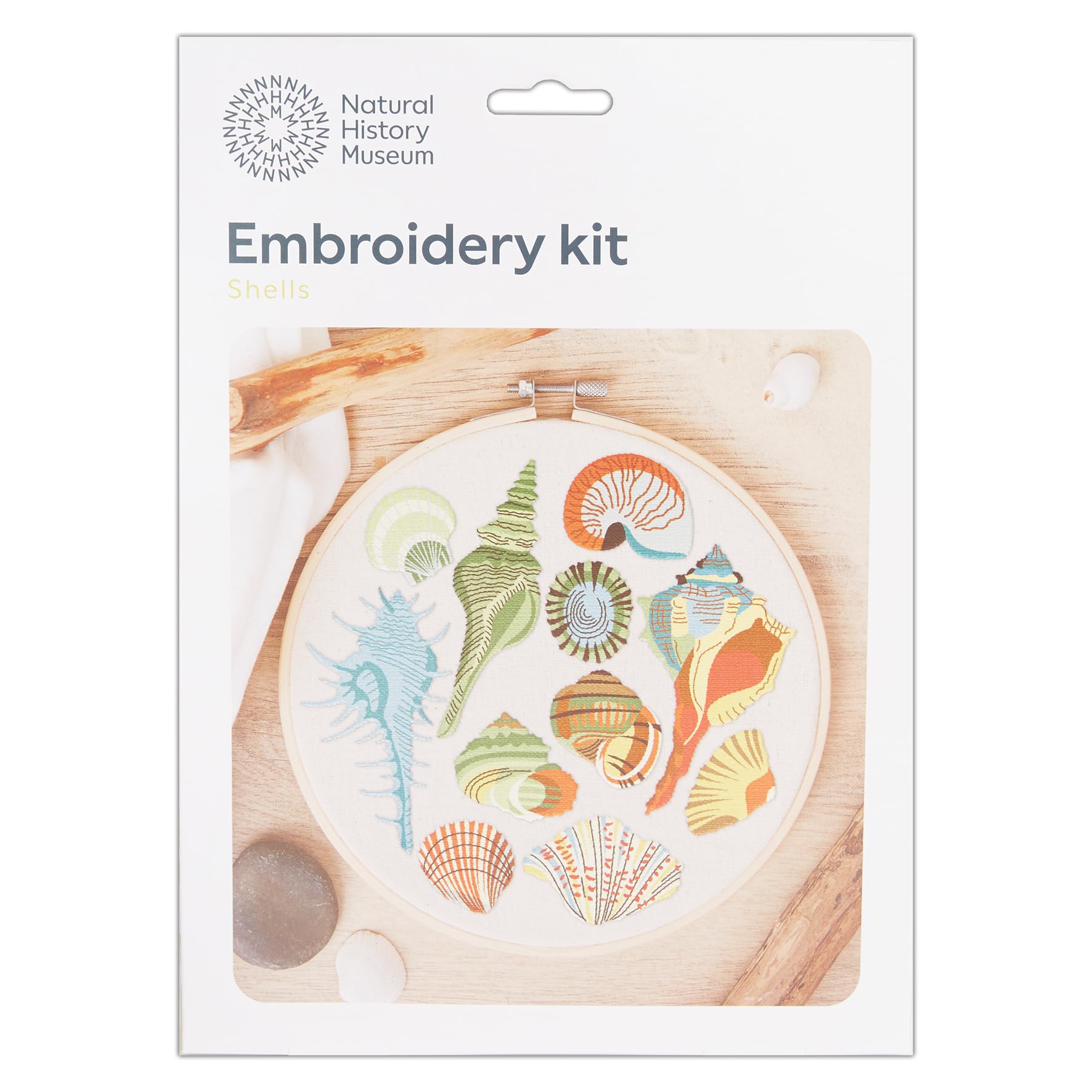 NHM Natural History Museum Embroidery Hoop Decoration Kit, Shells Design, 8", Embroidery Kits for Adults & Cross Stitch Kits for Adults Beginners, Gift Idea, with Embroidery Pattern