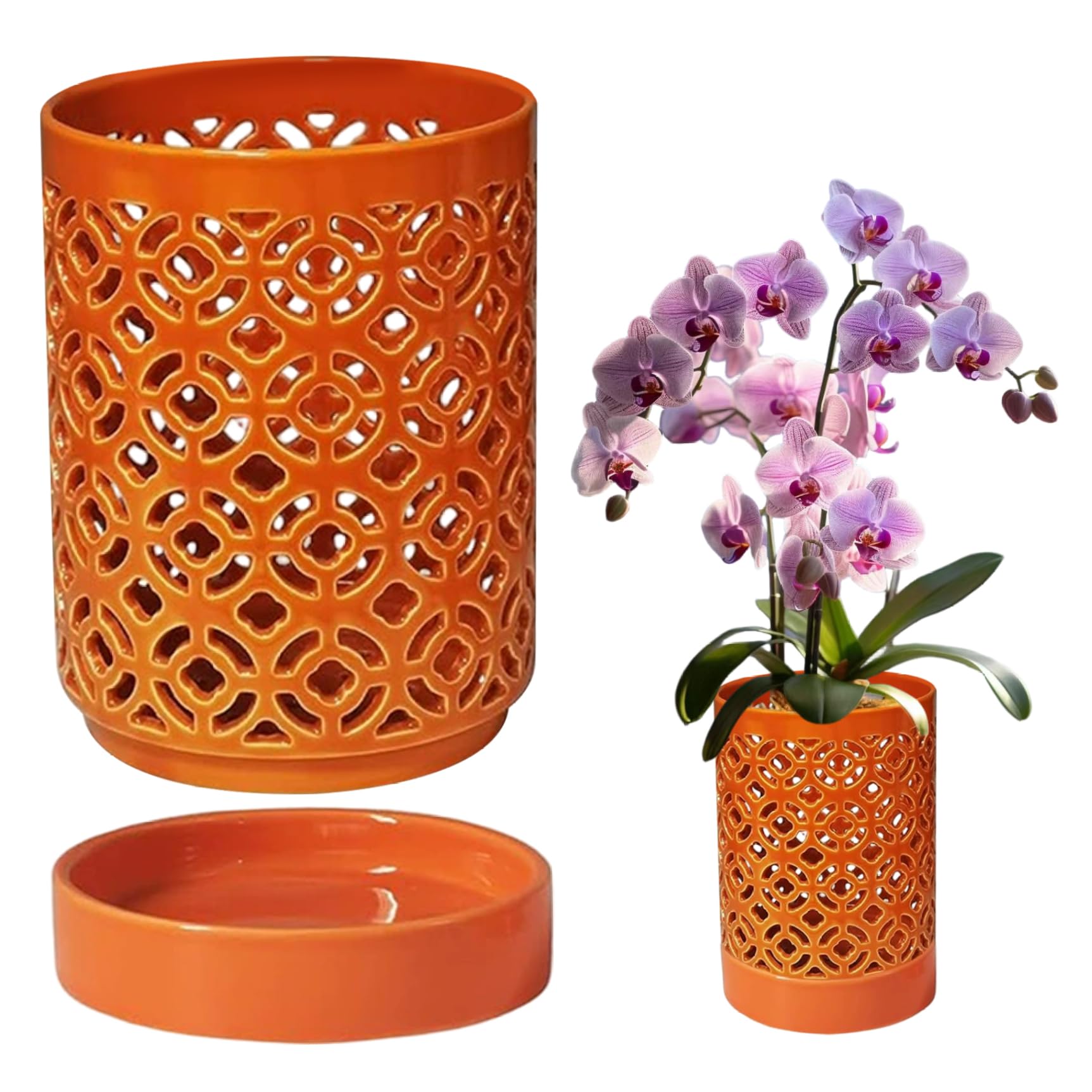Grsrkep Orchid Pots 5.5x4in Orchid Planter with Holes & Saucer & Drainage Ceramic Plant Pot for Indoor Outdoor Plants, Orange