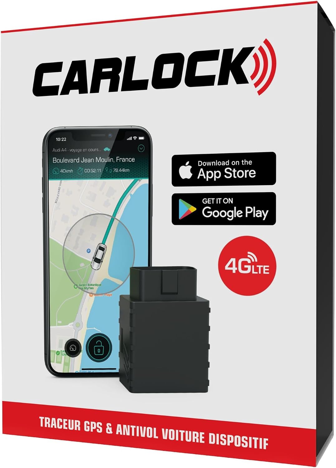 CARLOCK 4G GPS Tracker & Alarme Voiture - Antivol OBD - Géolocalisation temps réel - Application mobile