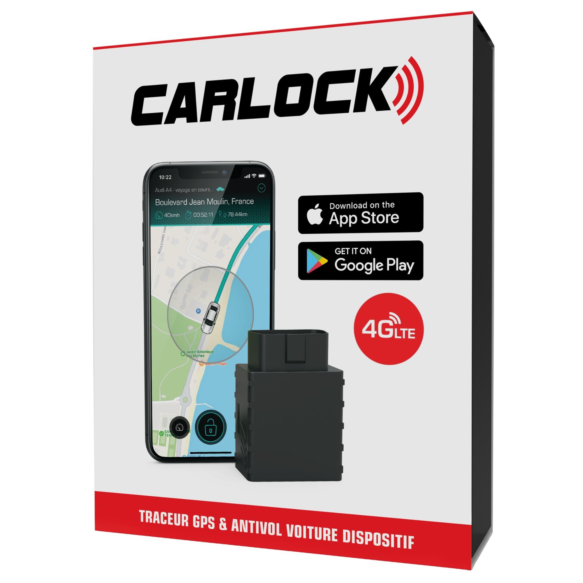Carlock 4G Traceur GPS & Alarme Voiture. Antivol Voiture. Périphérique et Application. Géolocalisation véhicule en Temps réel en Vous informant immédiatement de Tout comportement Suspect. OBD