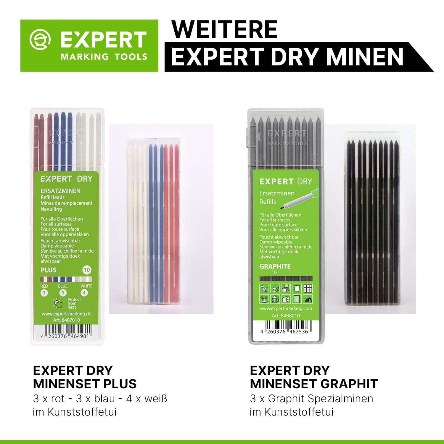 EXPERT DRY Lot de 10 marqueurs tout-en-un avec mine en graphite | Marqueur à trous profonds rechargeables avec mine automatique | Polyvalent sur bois, verre, métal | Crayon de charpentier avec