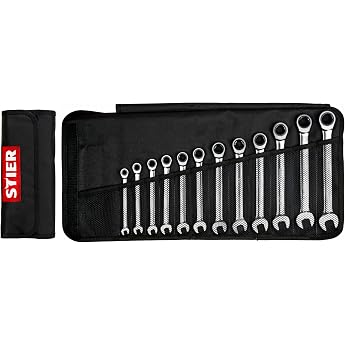 STIER Combination Ratchet Spanner Set 12 Pieces SW 8-19 mm 12H Profile Flat Design Chrome Vanadium Steel Matte Chromed Design Fine-Toothed with 72 Teeth in Roll Bag