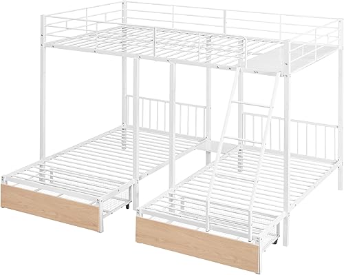 Miniatura 111 de Litera triple de madera maciza con cajones de almacenamiento y escalera, base de litera resistente con barandillas de protección para niños y