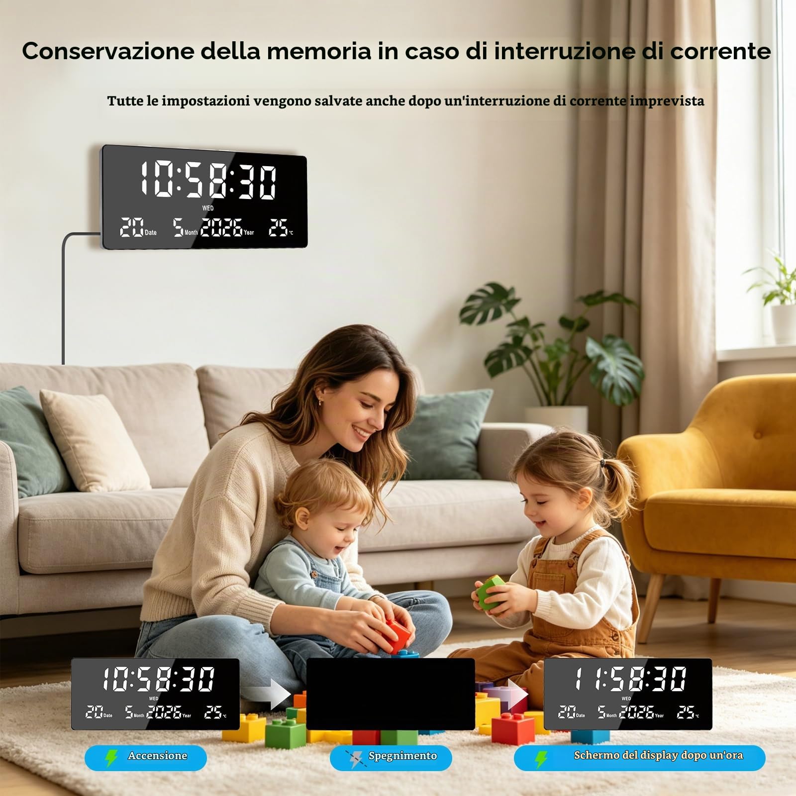 Orologio da Parete LED, 15" Grande Sveglia Digitale Telecomando | 6 Sveglie, Calendario, Temperatura, Data, Settimana, Secondi | Memoria + 3 Luminosità | Orologio da Parete e Tavolo