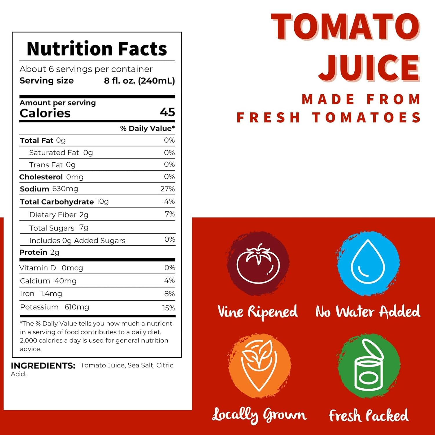 Dei Fratelli Tomato Juice, Vine Ripened Not from Concentrate, 46oz (6 pack)