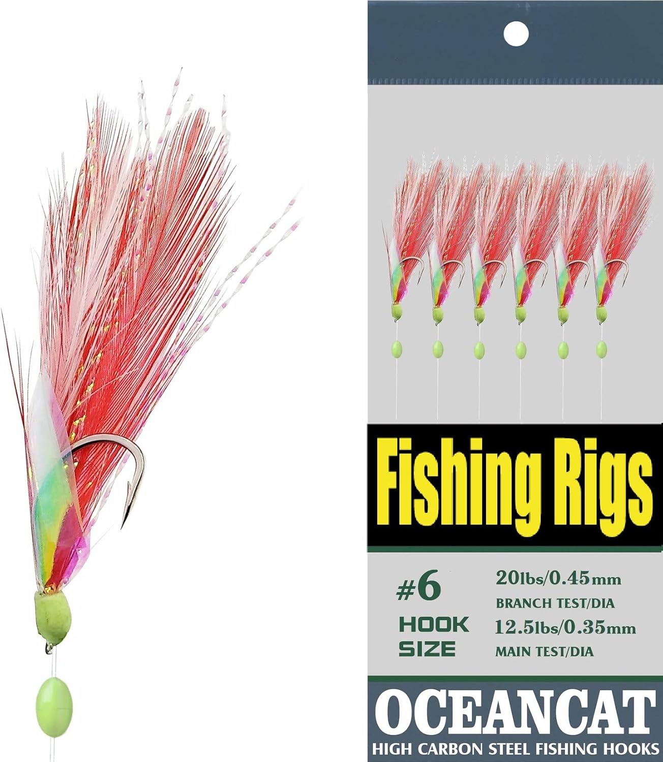 10 Packs 2pcs White & Red Feather & Rainbow Skin 6 Hooks Saltwater String Hook Fishing Luer Bait Rig Tackle