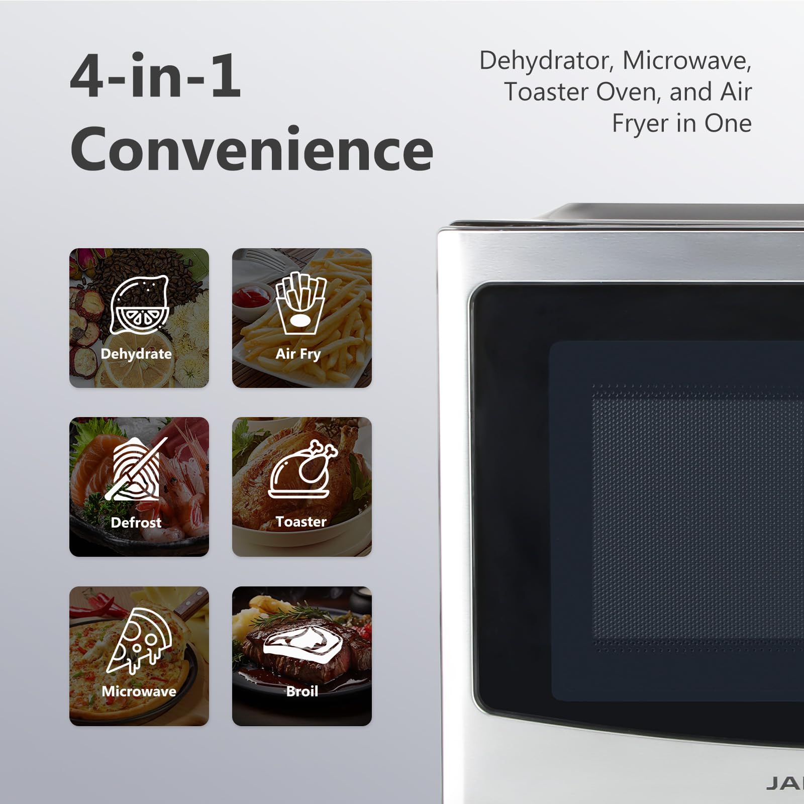 JALANTEK 4-in-1 Microwave Oven with Healthy Air Fry, Toaster Oven, Dehydrator, 1.2 Cu.ft/30L with Easy Clean Interior, Stainless steel