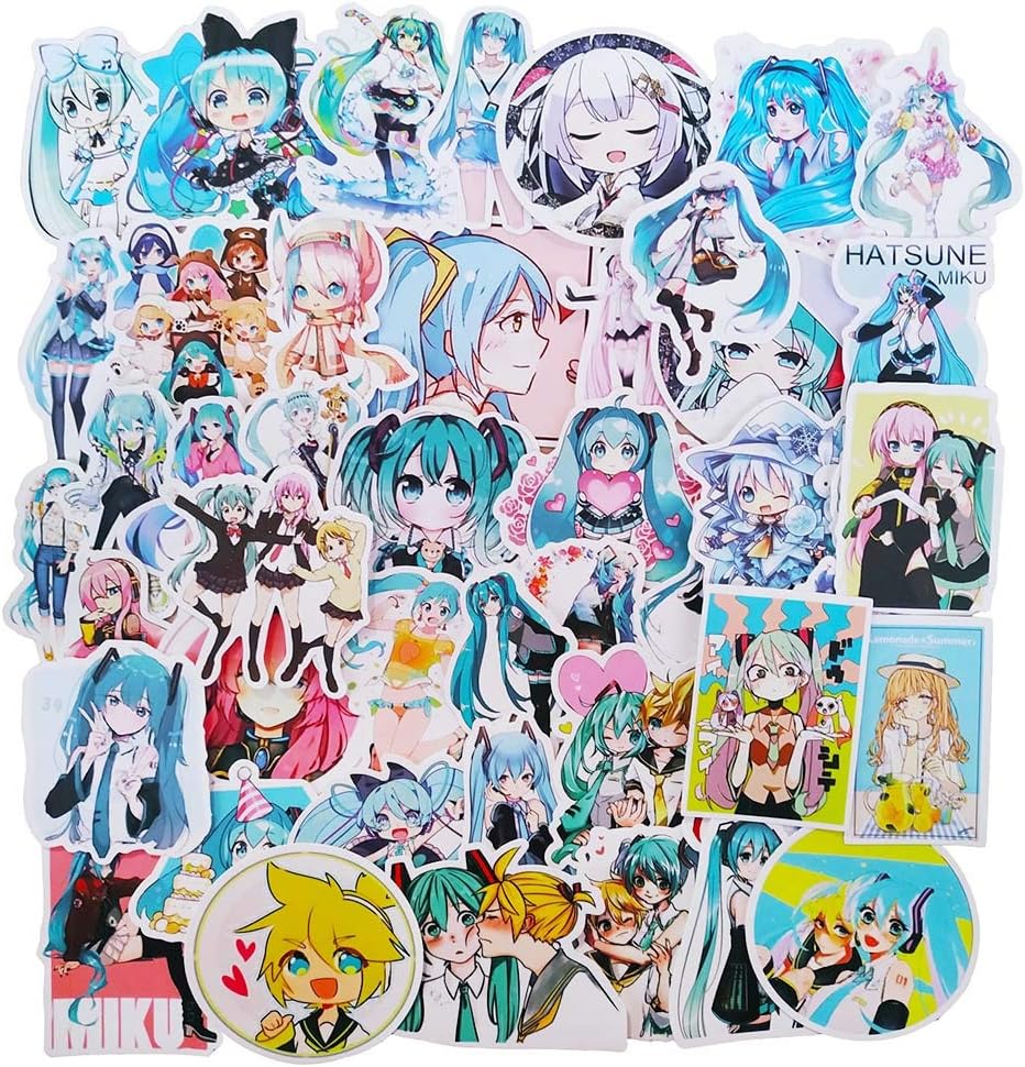 Hatsune Miku Stickers 50-Pcs, Japanese Anime VSCO Decals for Laptop Water Bottle Guitar Travel Case iPhone iPad Xbox Luggage Bike, Waterproof Sun Protection Vinyl Graffiti Sticker for Kids Teens Girls