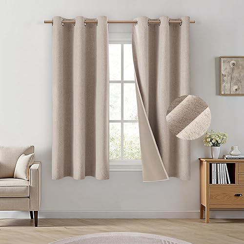 HOMEIDEAS Cortinas 100% opacas beige de 63 pulgadas de largo, mezcla de lino con textura de oscurecimiento, cortinas con aislamiento térmico para