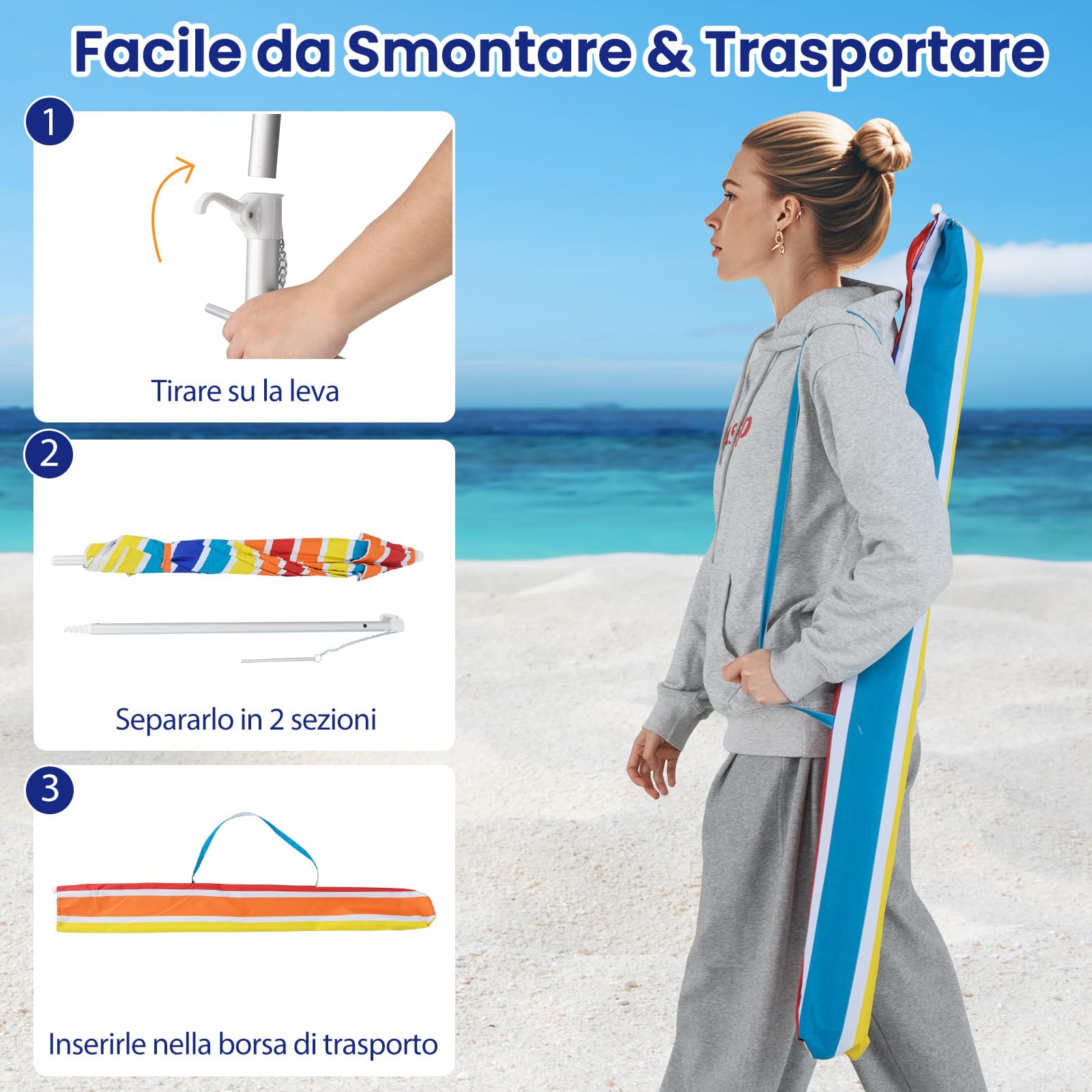 RELAX4LIFE Ombrellone da Spiaggia con 8 Stecche Stabili e Palo Alluminio Centrale Inclinabile, Protezione solare e impermeabile, Borsa di Trasporto Inclusi, 182 x 182 x 213 cm (Colorato)
