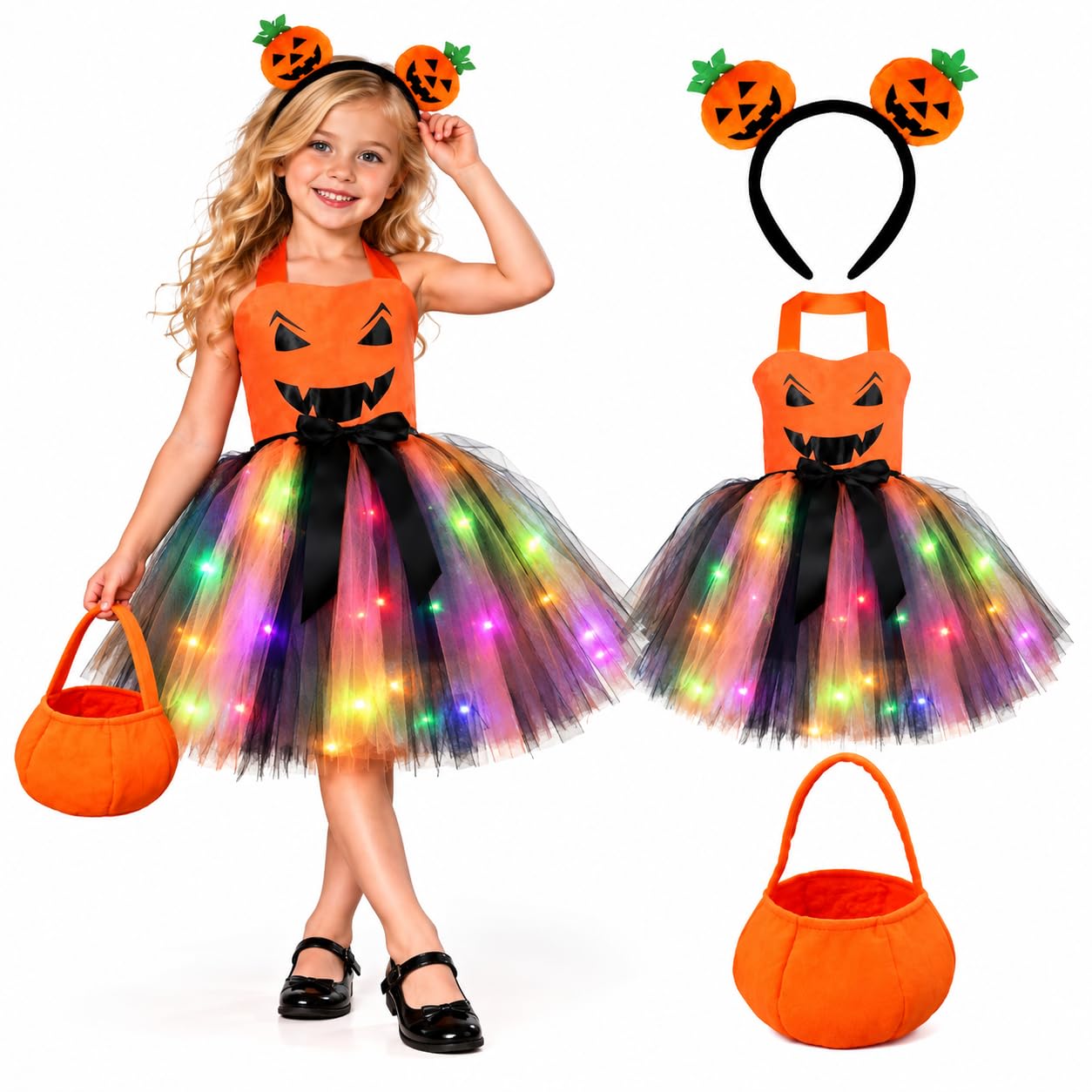 Kids Girls Halloween Pumpkin Costume Cute Sleeveless Tulle Dress and Headband Candy Bag Pumpkin Cosplay Party Outfit