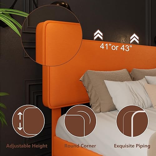 Miniatura 3 de Marco de cama tamaño Queen con plataforma tapizada, cabecero ajustable de cuero PU, no necesita somier, soporte de listones de madera, fácil