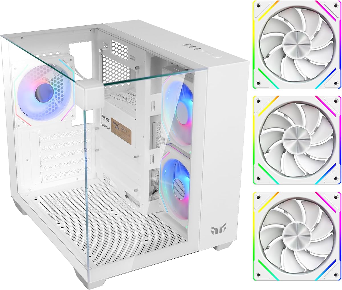 Cube Gaming PC Case, 270° Tempered Glass, 3 ARGB Fans White | mATX/Mini-ITX Support, USB-C Front I/O, Easy Cable Management, 270° Panoramic Showcase Design, Easy PC Building