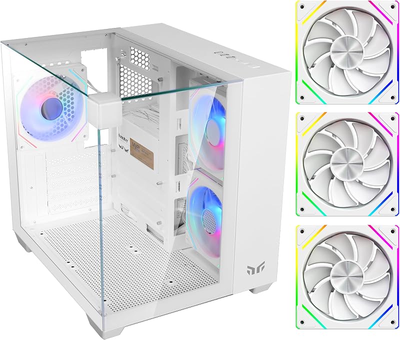 Cube Gaming PC Case, 270° Tempered Glass, 3 ARGB Fans White | mATX/Mini-ITX Support, USB-C Front I/O, Easy Cable Management, 270° Panoramic Showcase Design, Easy PC Building