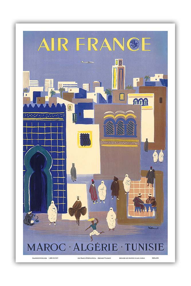 Pacifica Island ArtMaroc (Morocco) Algerie (Algeria) Tunisie (Tunisia) - France - Vintage Airline Travel Poster by Bernard Villemot c.1952 - Master Art Print 12" x 18" PRTB3298