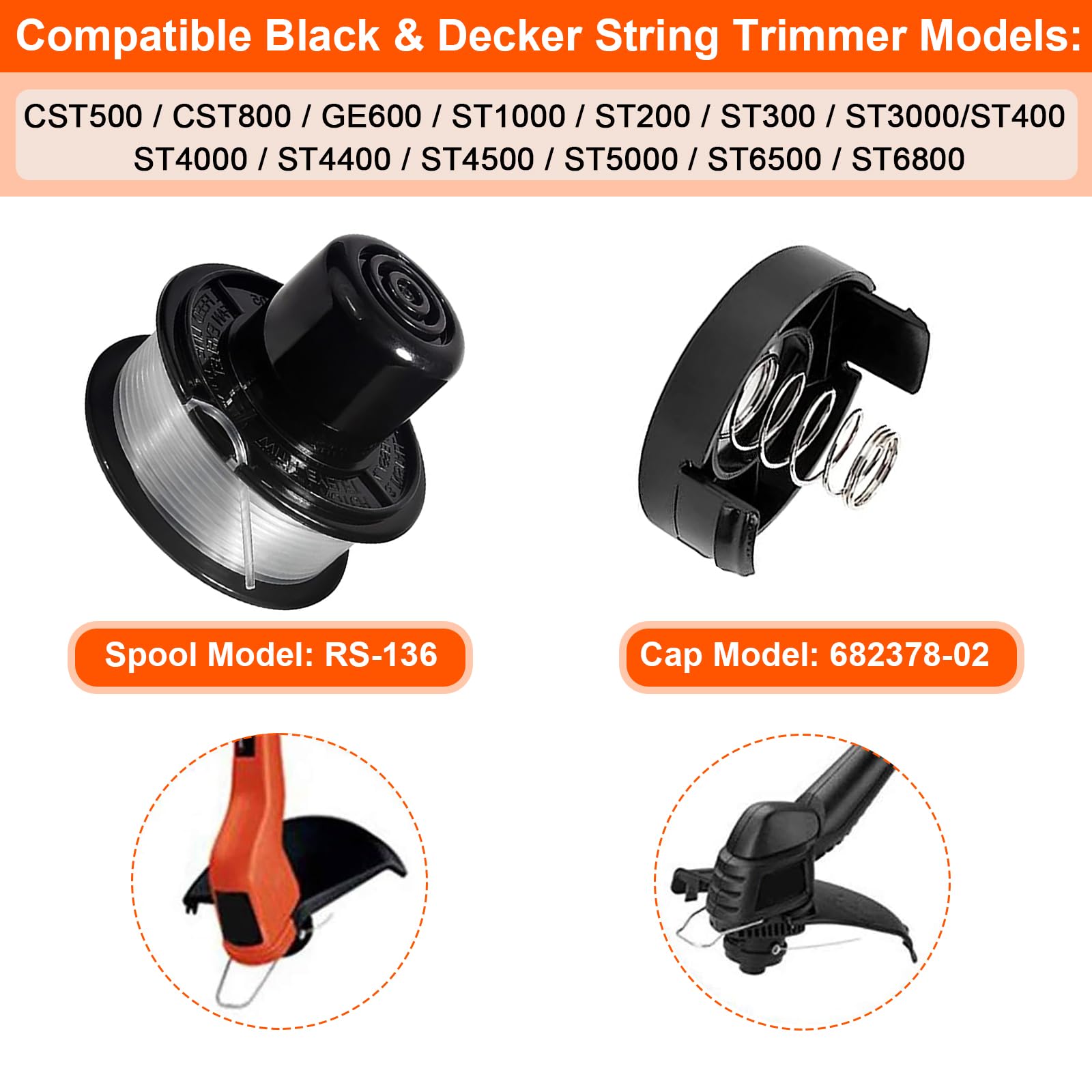 RS-136 kompatibel mit ST1000, ST4000, ST4500, GE600, CST800, ST6800, Ersatz für Black Decker Unkrautfresser, Ersatzteile, Auto-Feed Spule, Rasentrimmerfaden 6 m (6 Spule + 1 Kappe + 1 Feder)