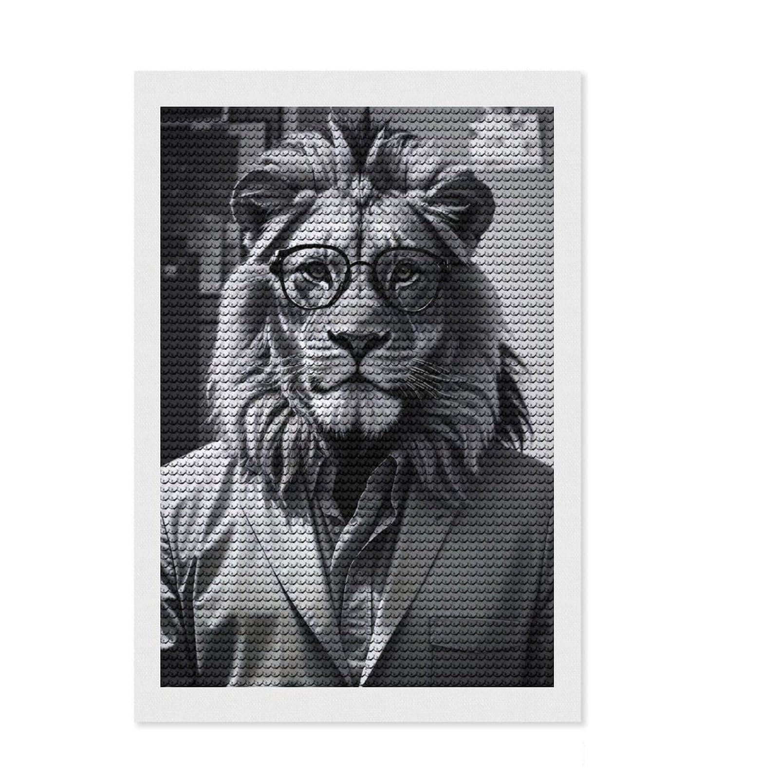 Junmoney Lion Glasses Funny Round Drill Diamond Painting 8"x12", for Adults, Neat Printed Canvas, Holiday Gift Idea, Boho Decor, with Tool Kit