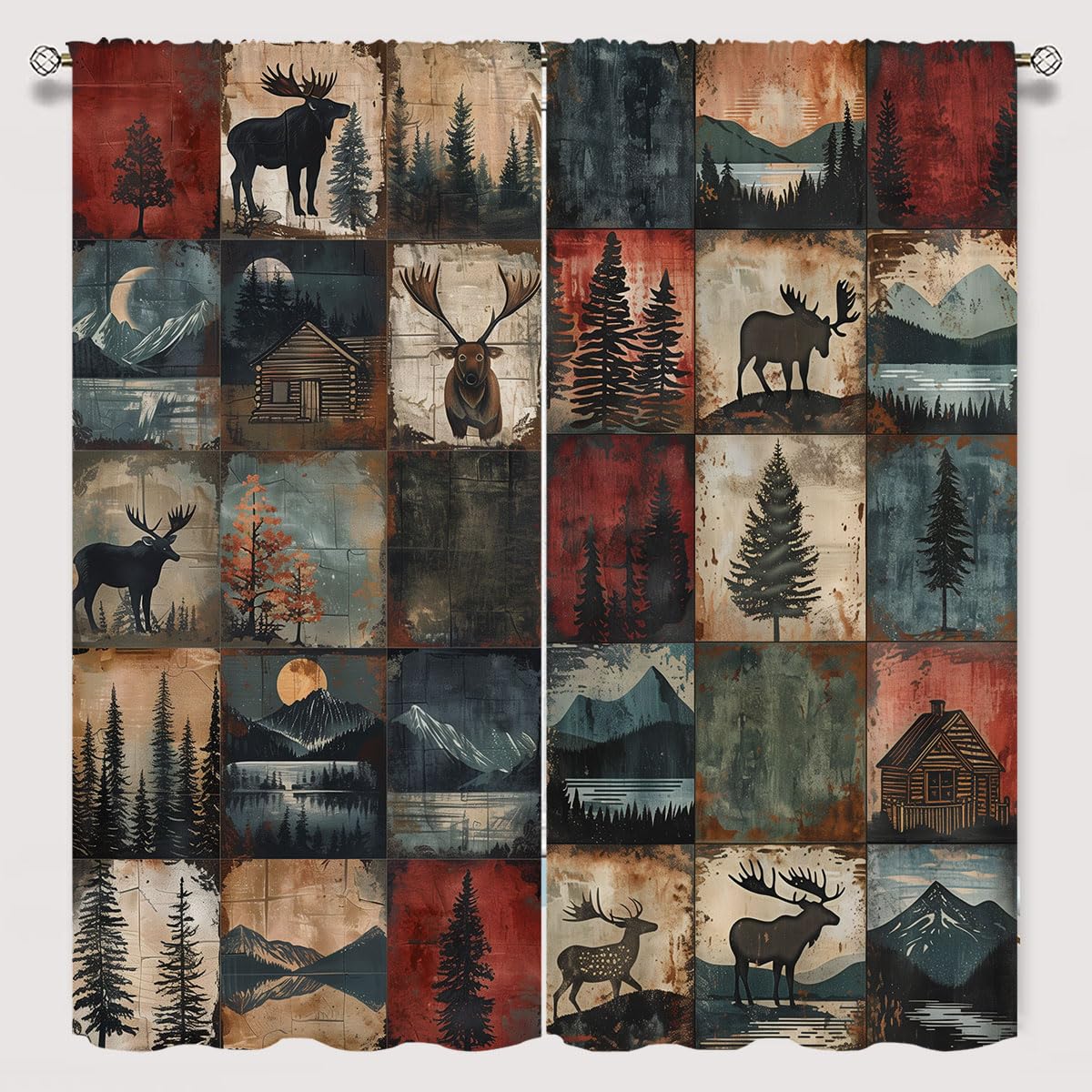Rustic Outdoor Window Curtains for Kid Girls Boys Bedroom, Moose Deer Bear Farmhouse Patchwork Rod Pocket Darkening Thermal Insulated Window Drapes