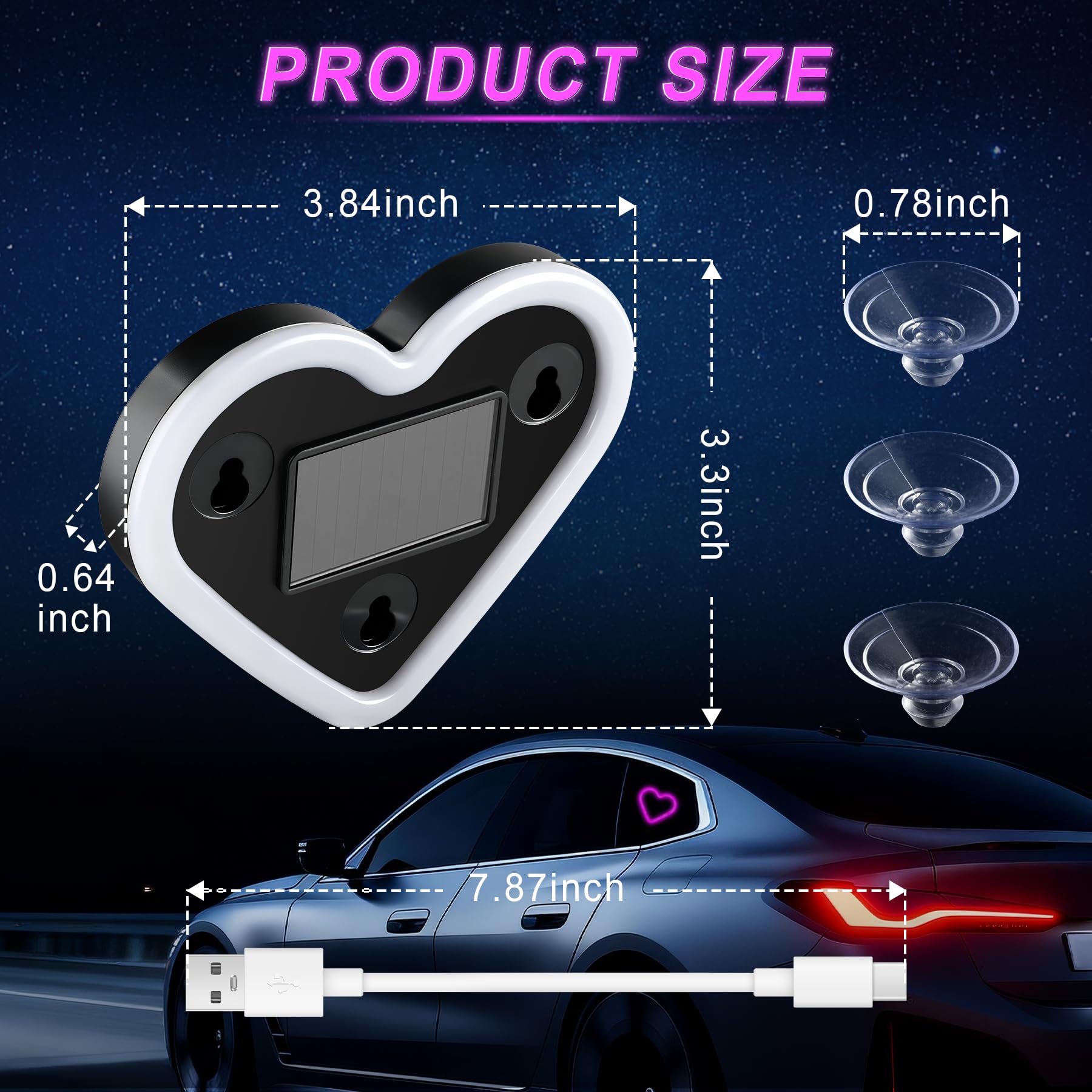 Car LED Interior Lights Heart-Shaped Ambient Light for Windows 5 Lighting Modes Charging Through Type-c and Solar Energy — view 2