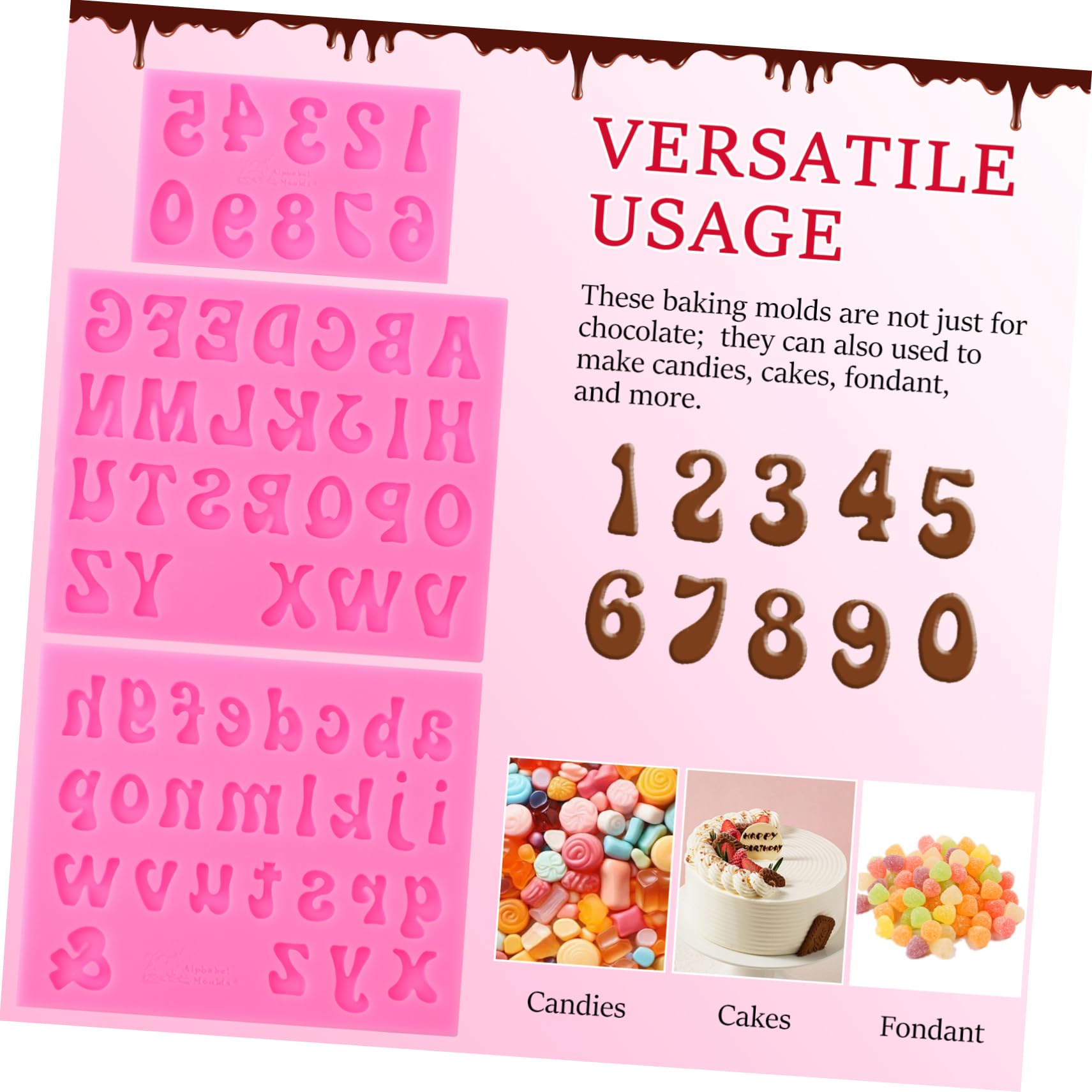 IMIKEYA Set di 4 stampi per lettere di cioccolato alfabeto, stampi per lettere di cioccolato biscotto, stampi per cioccolato, stampo in silicone per cioccolato, gel di silice rosa, 3 pezzi x 4