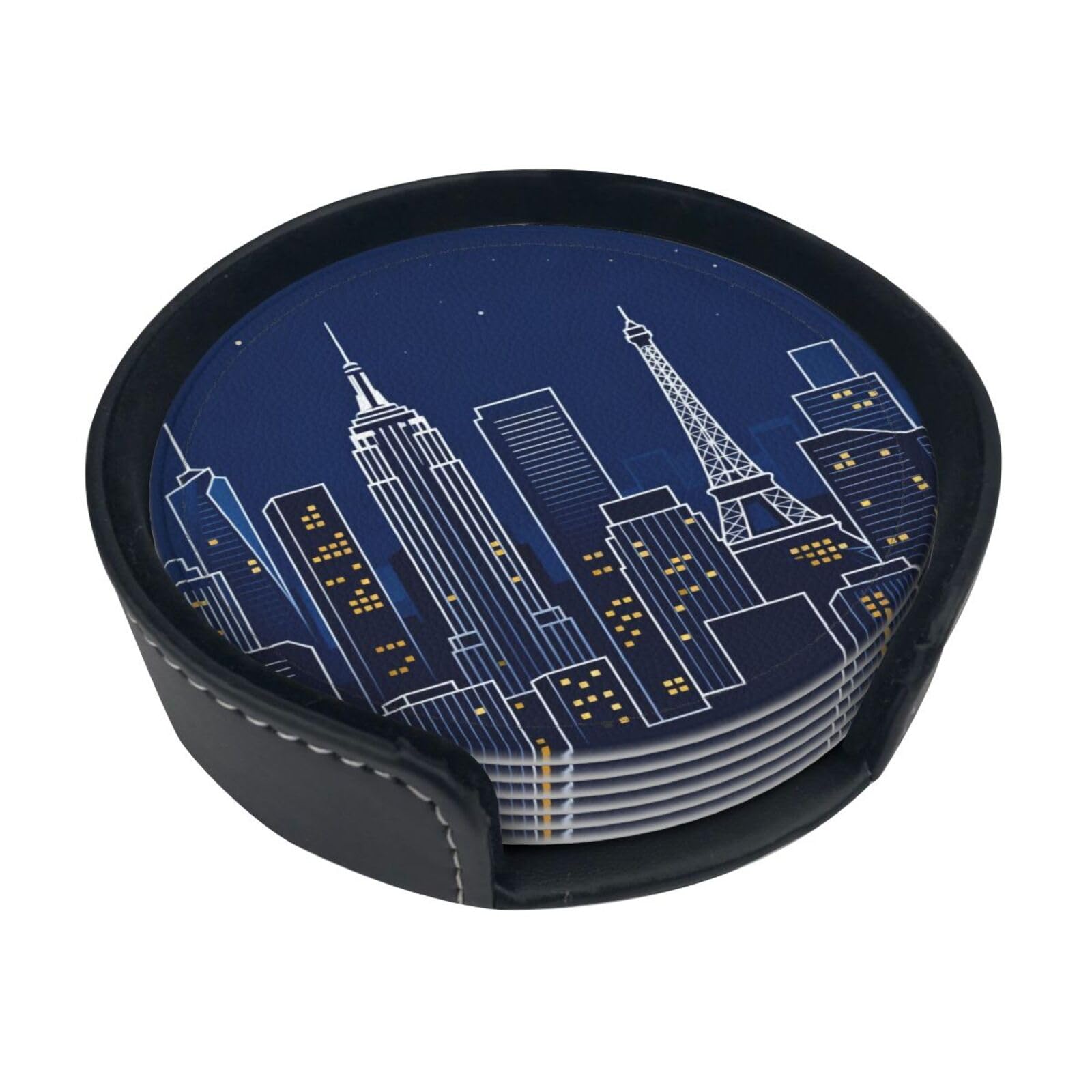 Cntdbu White City Skyline Silhouette Leather Coasters Set Of 6-Pu Leather Drink Mats For Table, Heat Resistant Round Coasters With Holder