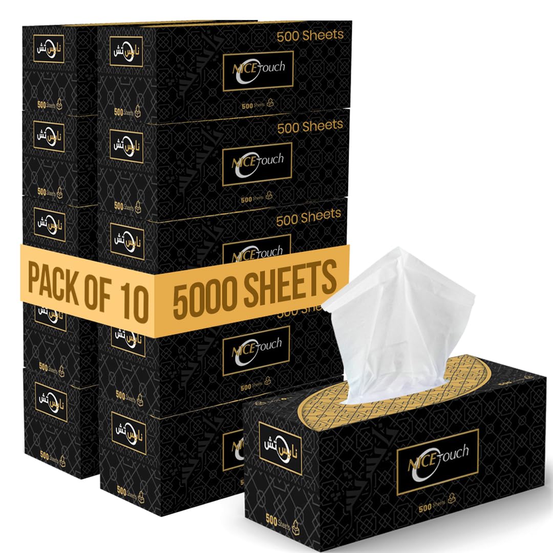Nice Touch Facial Tissue Boxes, 1 Ply x 10 Black Tissue Saving Packs of 500 Sheets each, Soft Feel Tissue Suitable for All Skin Types and Germ Protection