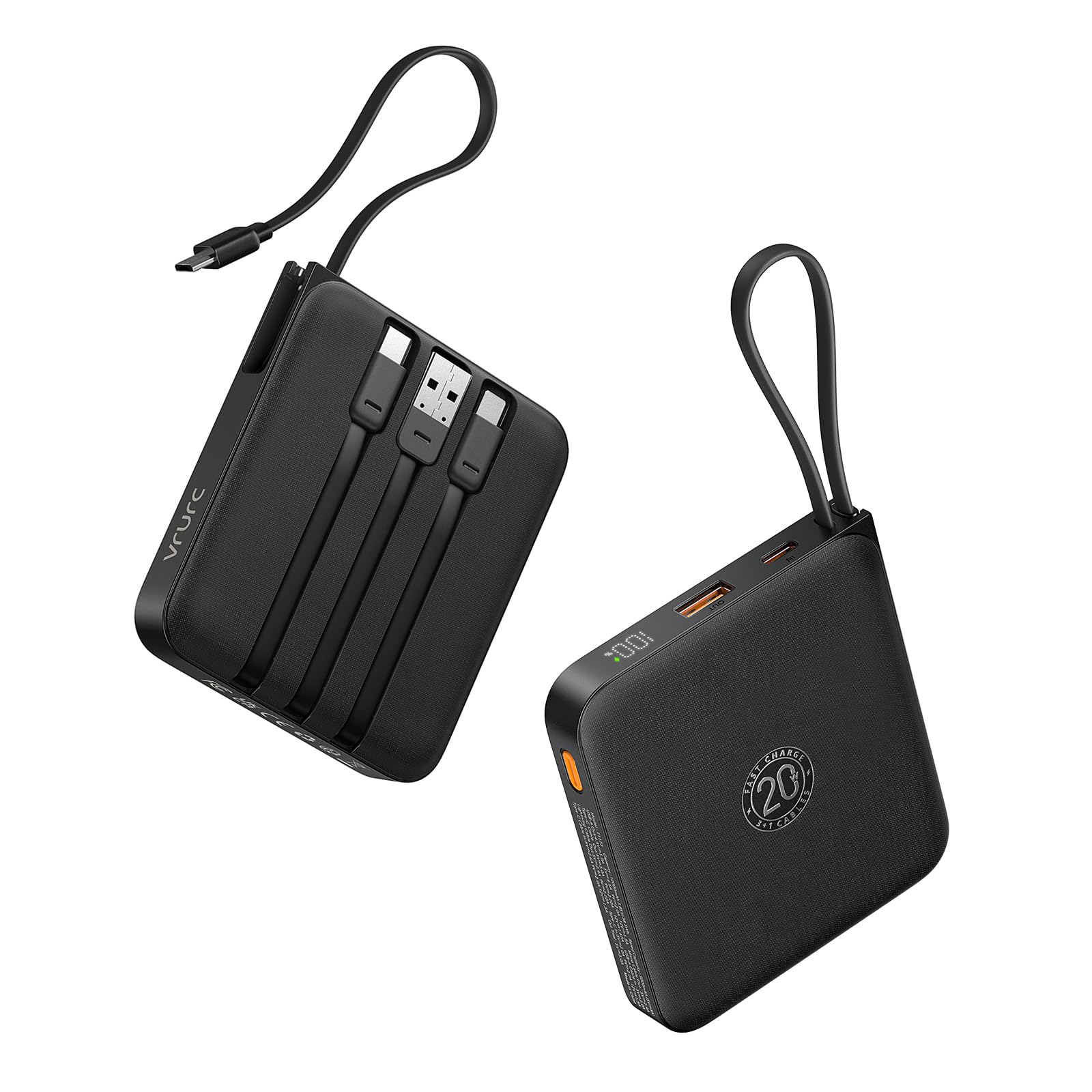 VRURC Portable Charger with Built-in Cables, 10000mAh 22.5W Fast Charging USB C Power Bank with LED Digital Display, Slim Battery Pack for iPhone 17/16/15 & Samsung Galaxy & Android Phones (Black)