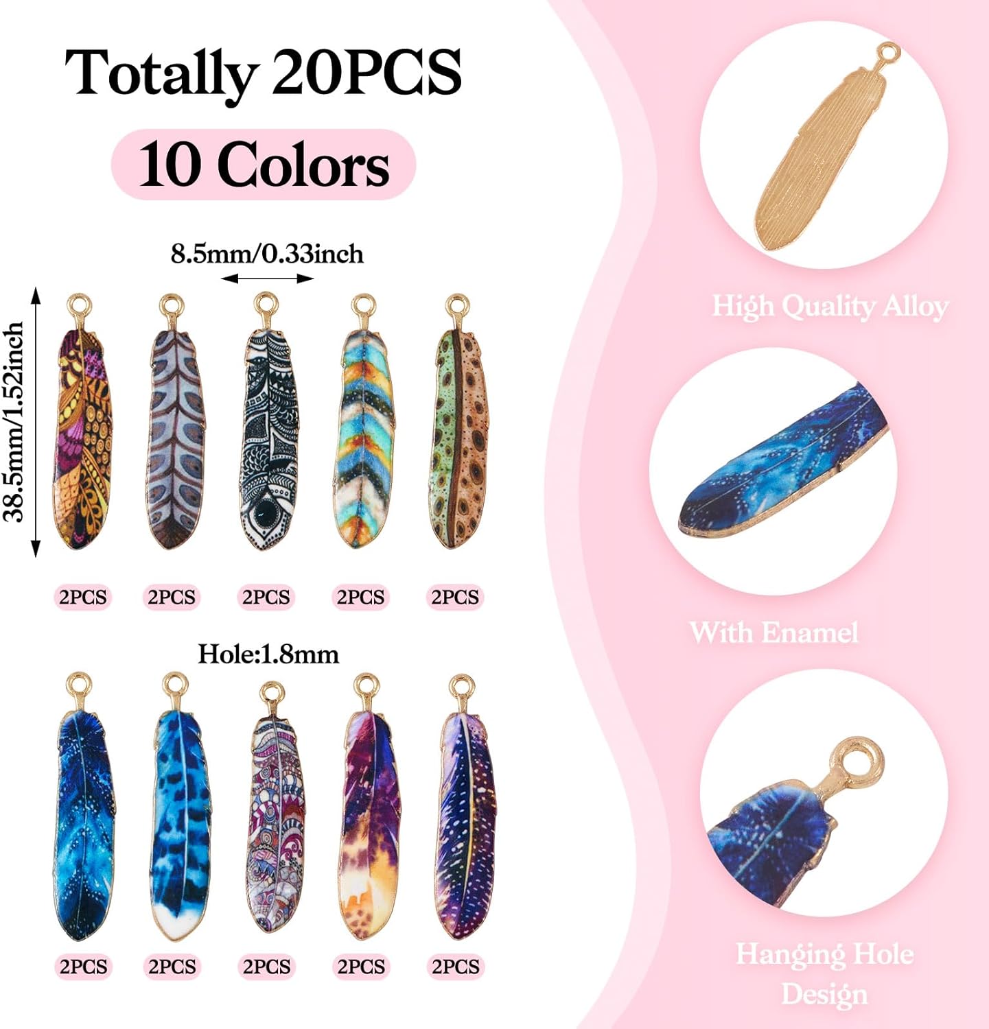 FASHEWELRY Printed Alloy Feather Charms Pendants Mixed Color Feather Rack Plating Alloy Pendants Animals Wings Plumage Charms Metal Collection for DIY Necklace Bracelet Jewelry Making - Image 5