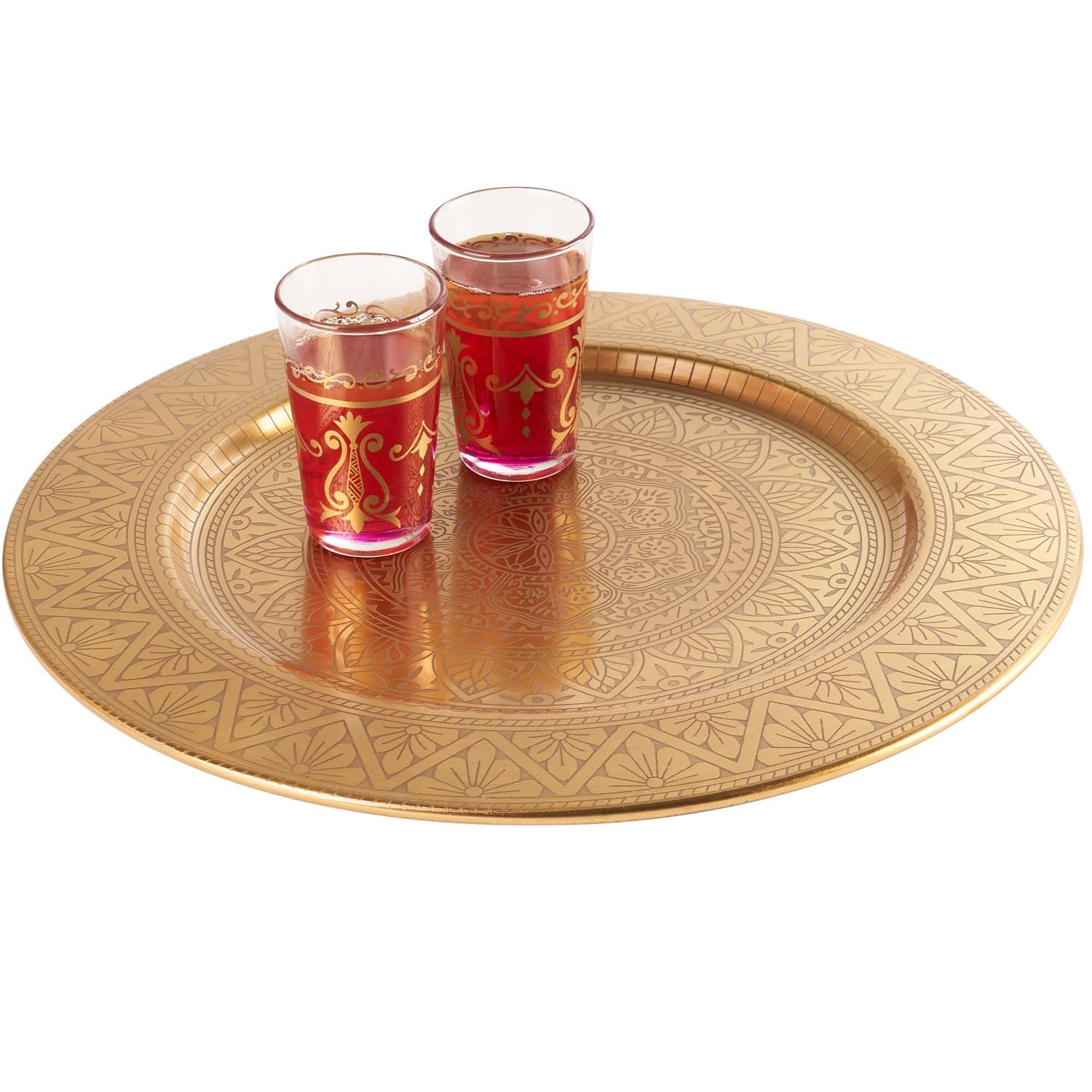 Marrakesch - Bandeja decorativa oriental bohemia de metal dorado, 35 cm, para decoración de mesa de cocina y salón, estilo vintage
