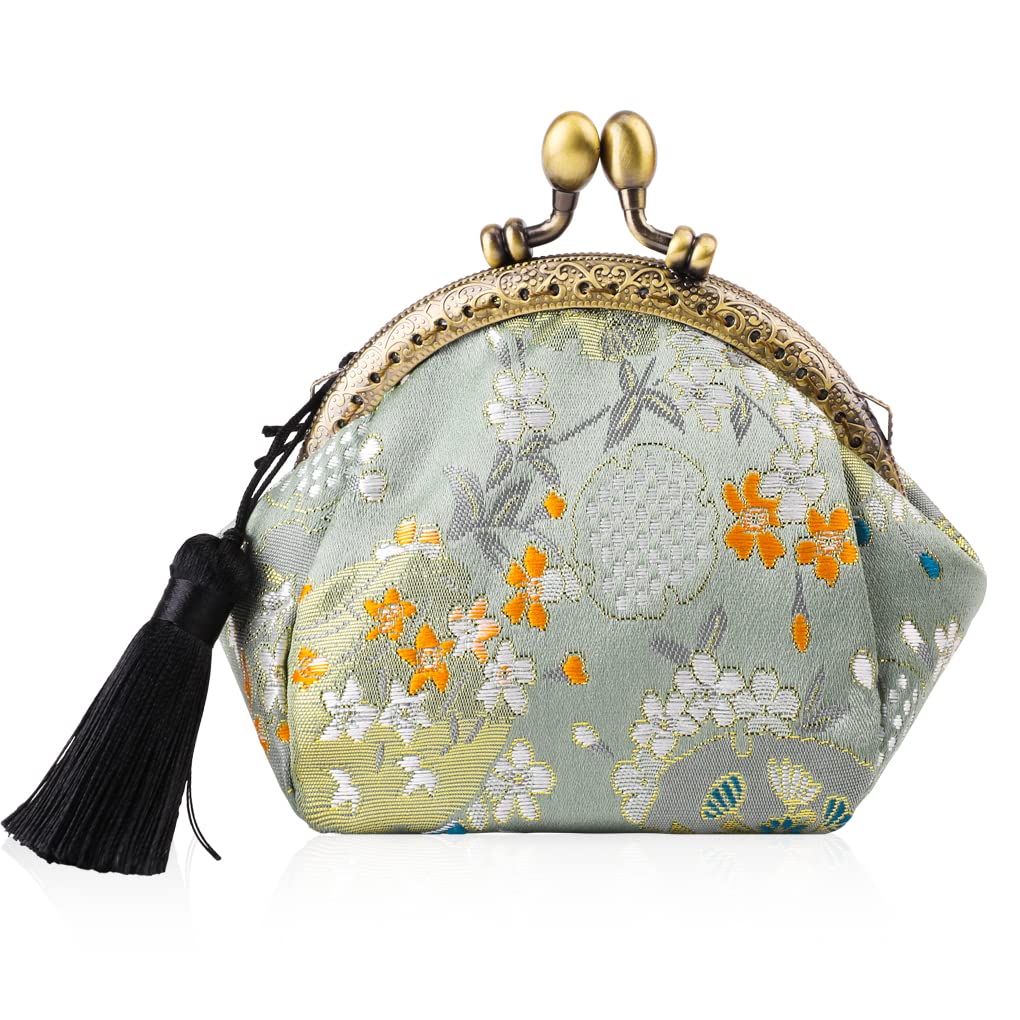 Oyachic Embroider Coin Purse Vintage Wallets Canvas Change Pouch Floral Trinkets Small Kiss Lock Clasp Handbag Jewelry Bag Tassels Women