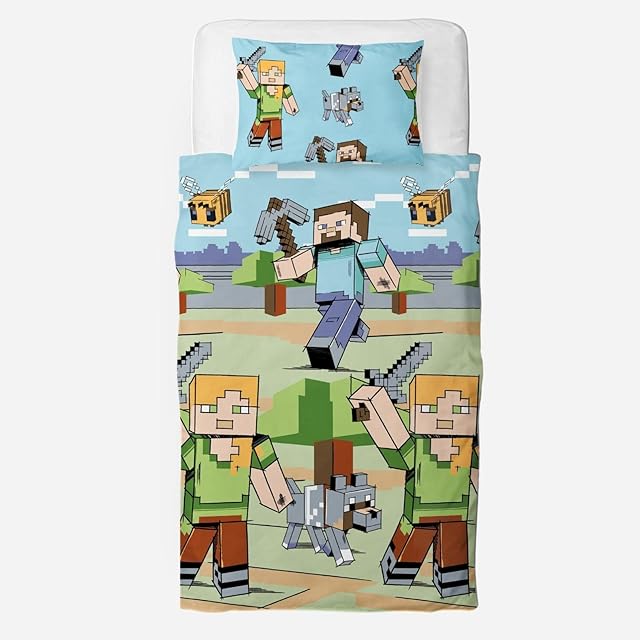 Character World Minecraft Official Single Duvet Cover Set | Adventures Gaming Design Reversible 2 Sided Bedding Including Matching Pillow Case Brands Single Bed Set