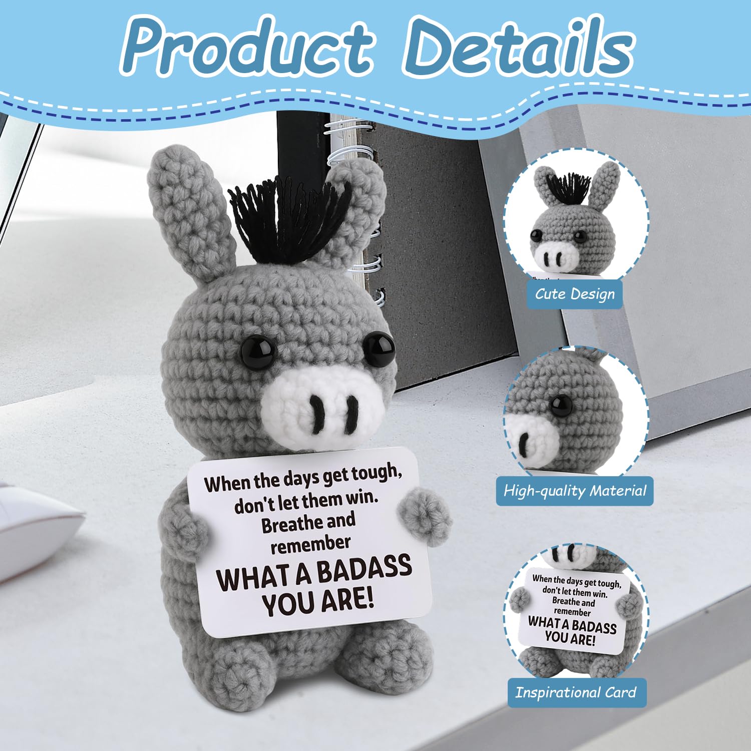 VOYANTE Emotional Support Crochet Donkey Gifts, Handmade Positive Crochet Animals with Encouraging Words - Image 3