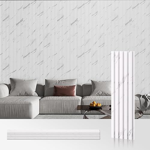 Miniatura 15 de OUZUGIE WPC Paneles de Pared de Laminilla Acústica, Paquete de 8 Paneles de Pared 3D de 114 x 6 Pulgadas para Decoración de Paredes Interiores, Sala