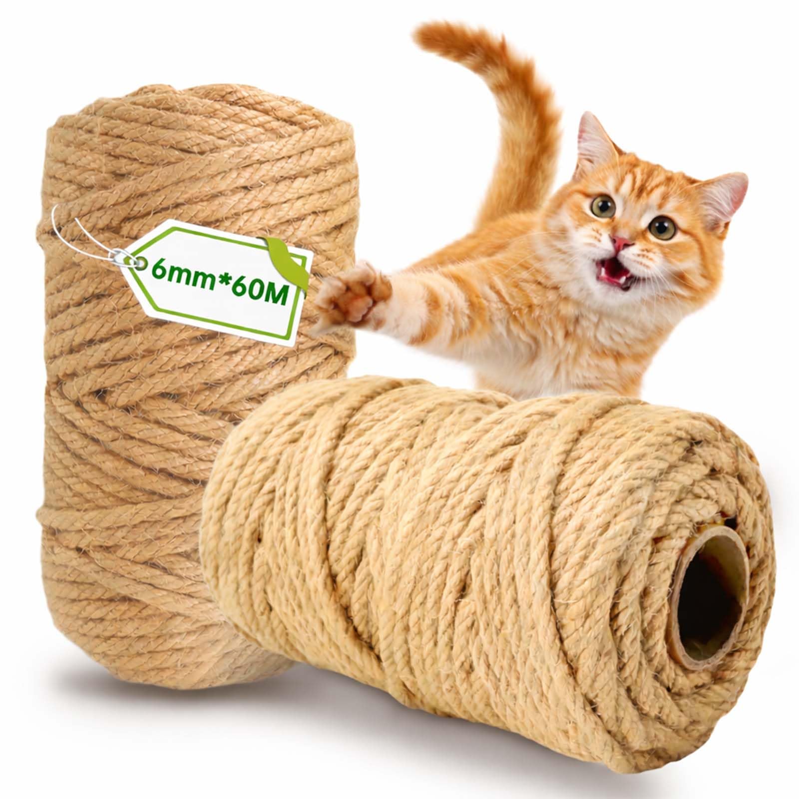 Corde Arbre à Chat 6 mm x 60 m, 2 Pièces Corde pour Arbre à Chat, Corde à Griffer, Corde en Sisal pour Arbre à Chat, Naturel Corde Sisal, pour Réparation et Remplacement, Bricolage, Jardinage
