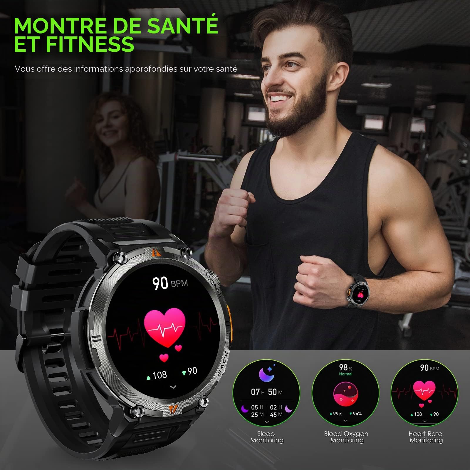 Montre Connectée Homme avec Appels Bluetooth, 1,45" Militaire Smartwatch | 3ATM Étanche avec Torche LED, Montre Fitness avec Fréquence Cardiaque SpO2 Surveillance 110+ Modes Sportifs pour Android iOS