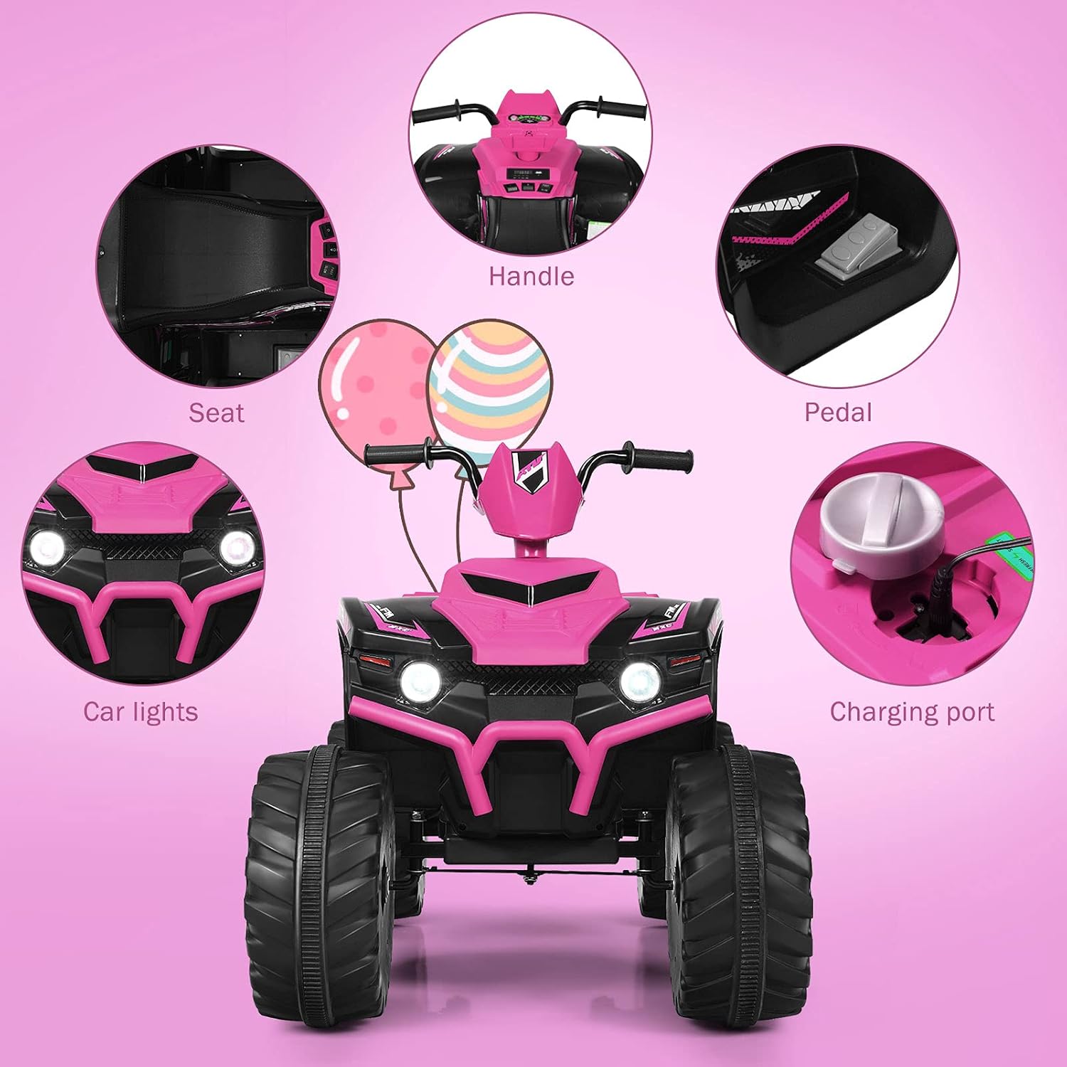 OLAKIDS 12V Kids Ride On ATV, 4 Wheeler Electric Vehicle for Toddlers, Battery Powered Motorized Quad Toy Car for Boys Girls with LED Lights, Music, Horn, High Low Speed, Soft Start (Pink)