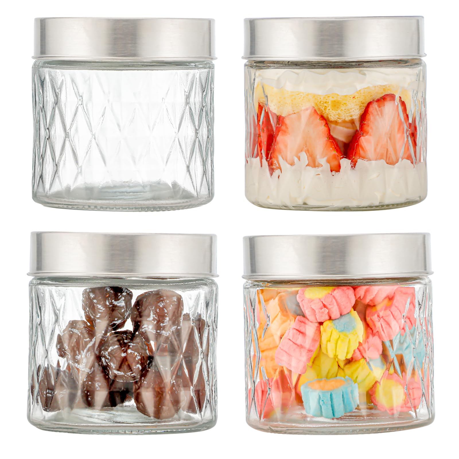 Hniuyun 4 Pack 10oz Wide Mouth Glass Jars with Stainless Steel Lids, Airtight Food Storage Containers for Overnight Oats, Spices, Candies, DIY Crafts