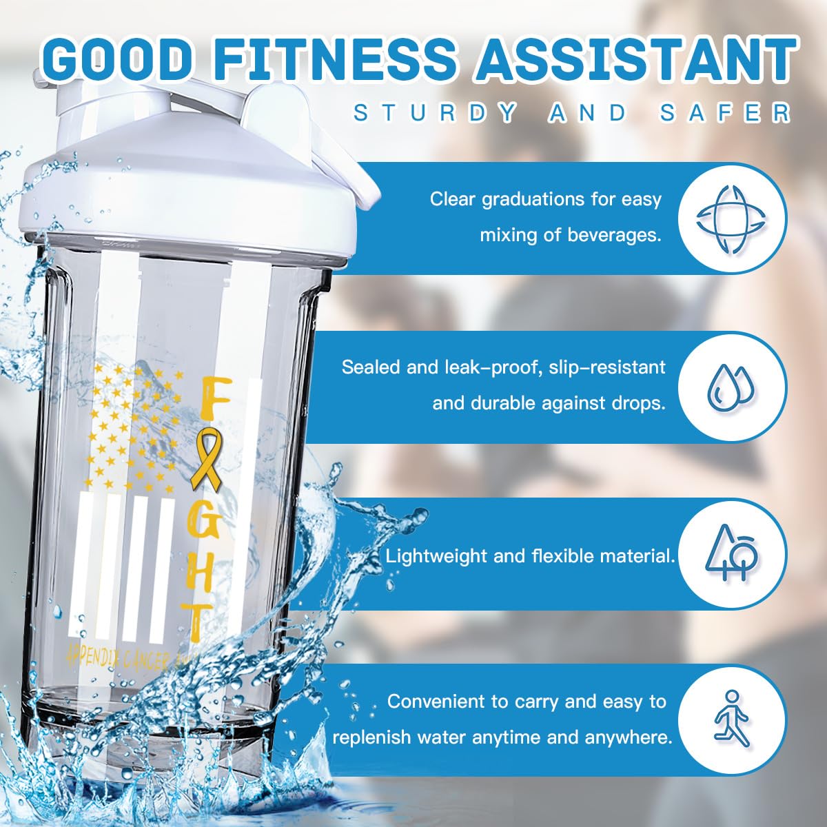 Breast Cancer Warrior Support Squad Appendix Cancer Awareness 18 Ounce Shaker Cup,Fashion Theme Pattern Shaker Bottle Leak-proof Workout Shake Bottles 500ML/18 oz Perfect for Pre Workout-3-1