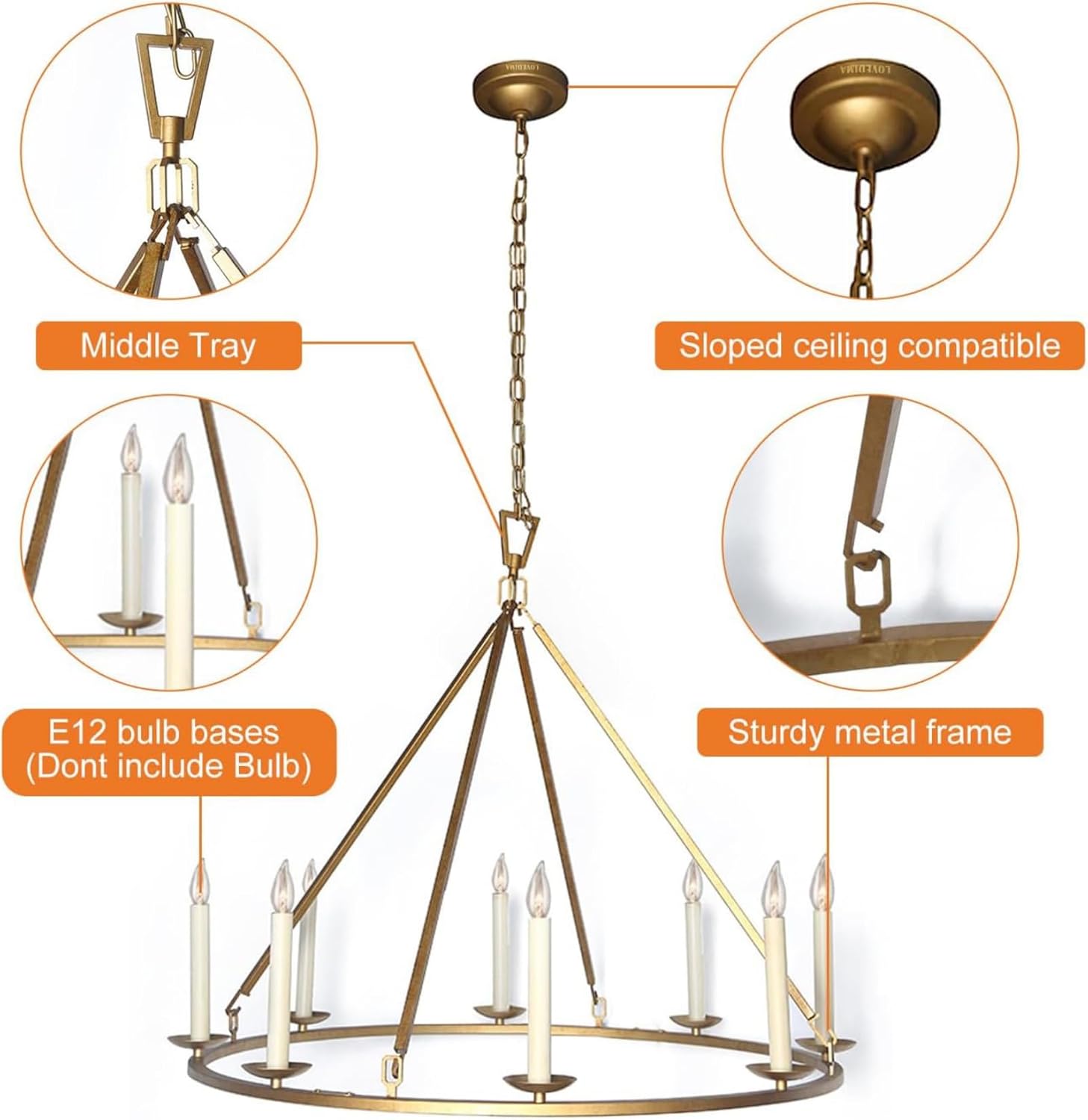 LOVEDIMA Gold Wagon Wheel Chandelier Rustic 35.4'' Candle-Shaped Metal Chandeliers Antique Brass Round Ceiling Hanging Light Fixture (8-Light)