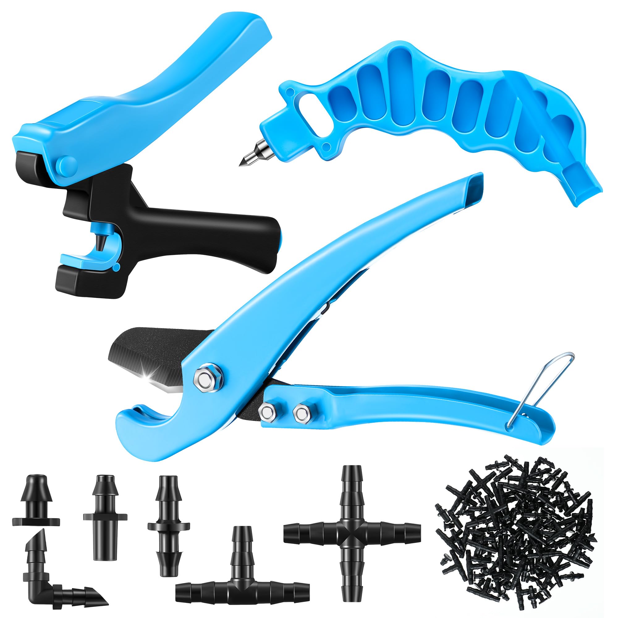 Photo 1 of Feekoon Irrigation Drip Tools with Barbed Connectors, 2-in-1 Drip System Punch Tool for 1/4" Fitting, 16 20 25mm PE Pipe & Emitter; Ideal for Garden & DIY Watering System(Blue,115 Irrigation Plugs)
