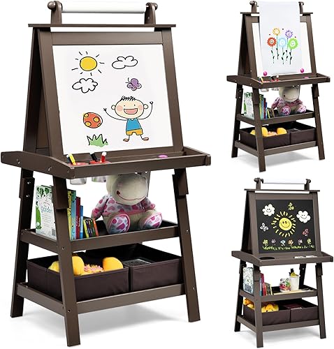 Miniatura 10 de OLAKIDS Caballete para niños, caballete de madera 3 en 1 con tablero de dibujo de doble cara, pizarra blanca magnética y pizarra, caballete de