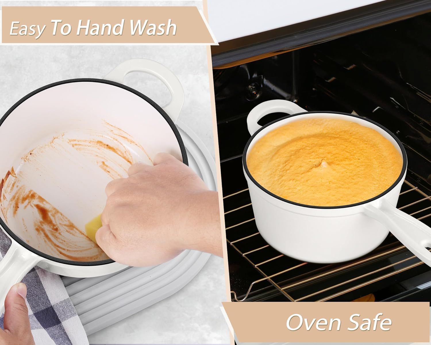 TeamFar Enameled Cast Iron Sauce Pan, 2QT Small Sauce Pot with Lid, Mini Dutch Oven Saucepan for Cooking/Boiling/Simmering/Baking, Sturdy & Nonstick, Oven Safe & Fit for Induction- White